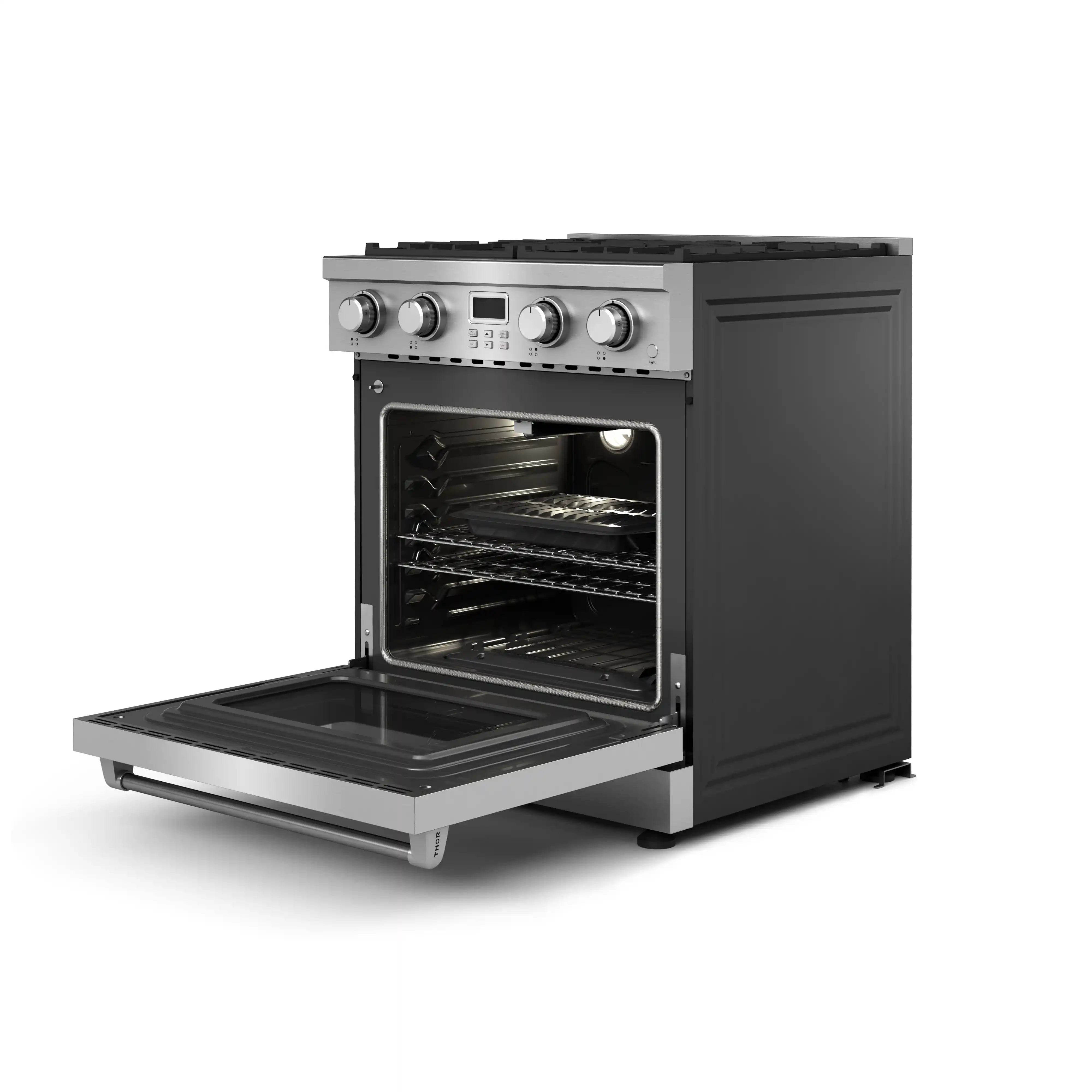 Stainless steel freestanding gas range with convection oven, open oven door