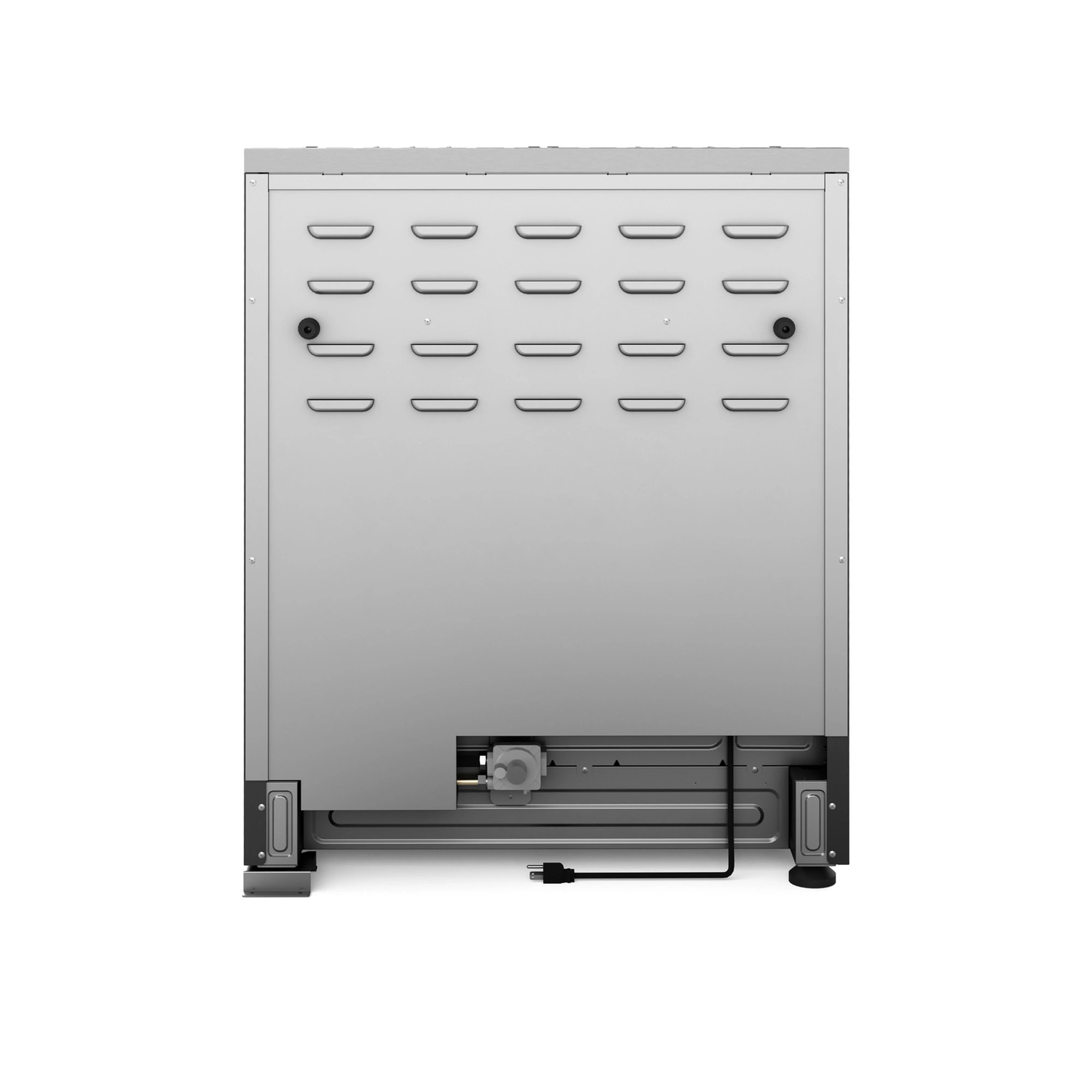 Back view of a stainless steel freestanding gas range with vent and access panel