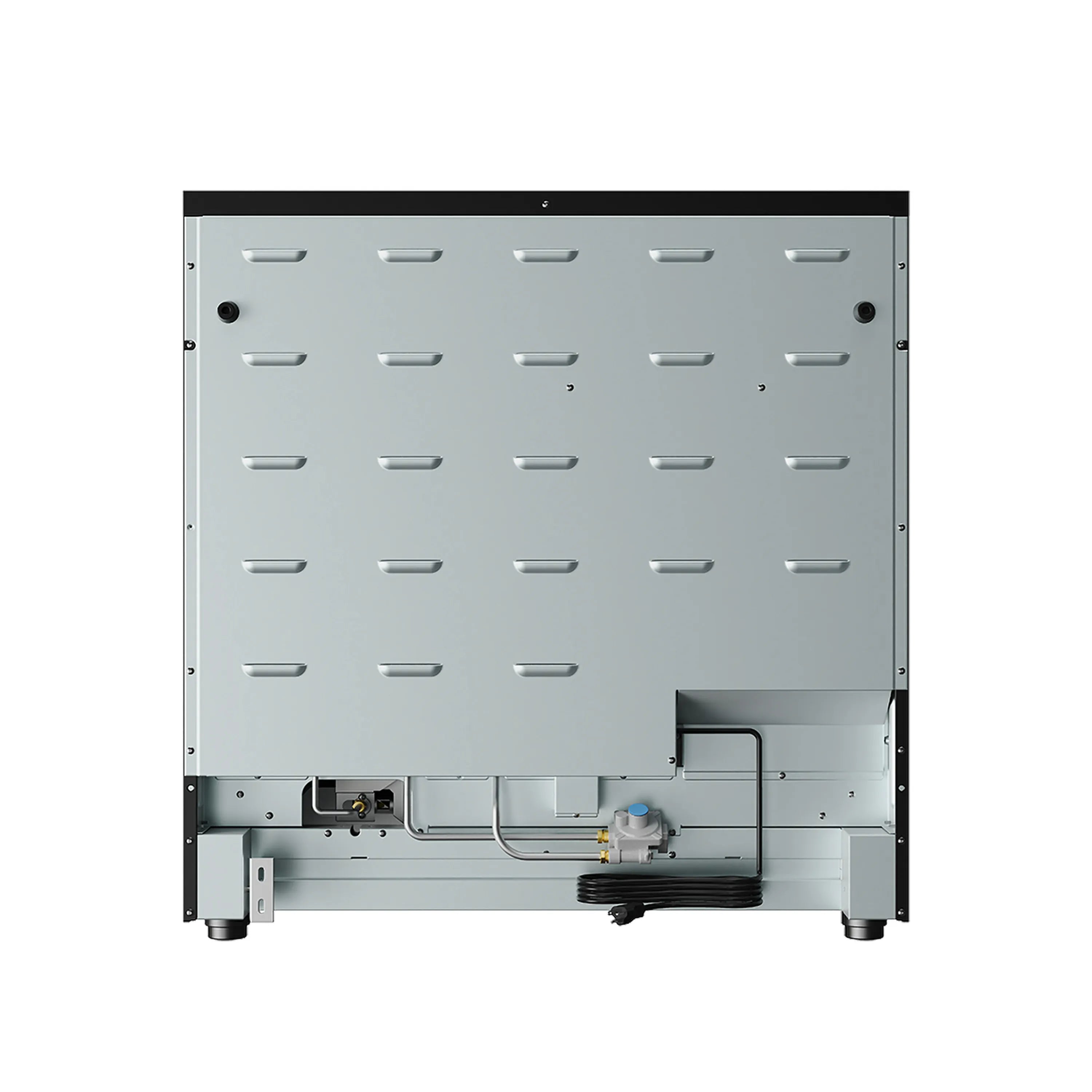 Gas range rear panel with access holes, gas valve, and wiring components
