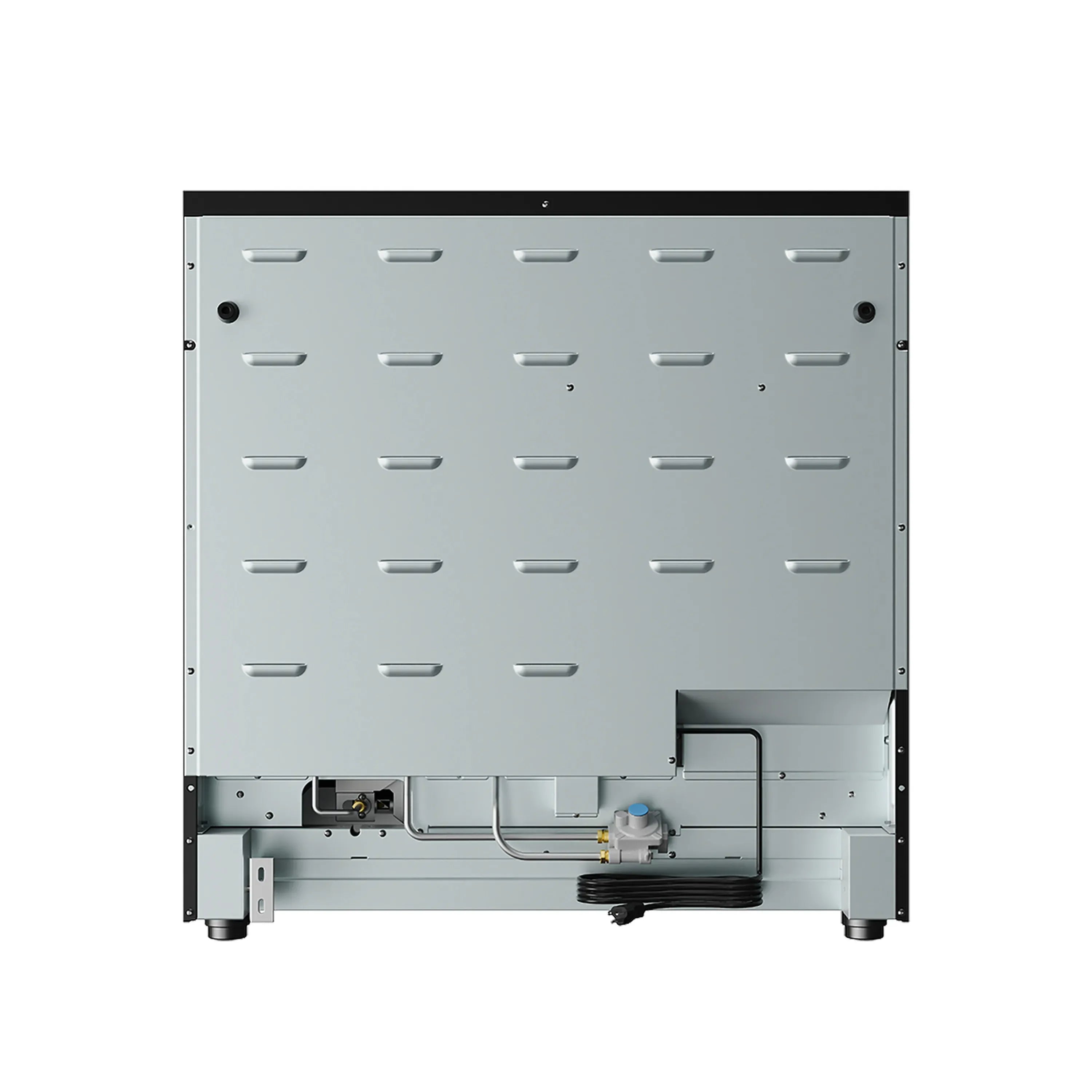 Gas range rear access panel with visible components and wiring