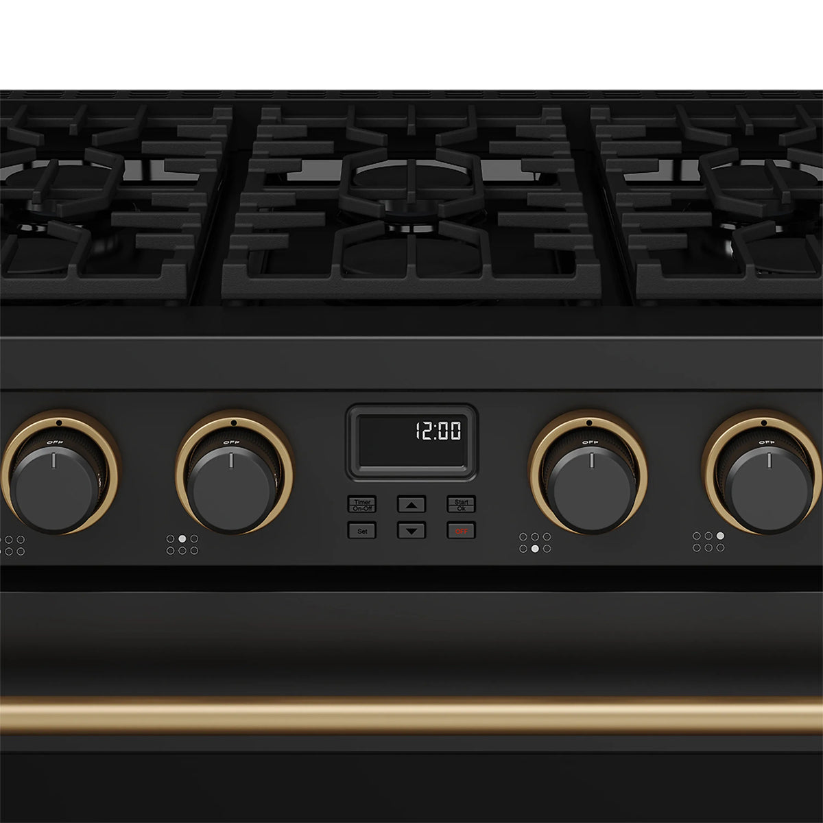 Black range control panel with bronze knobs and digital display