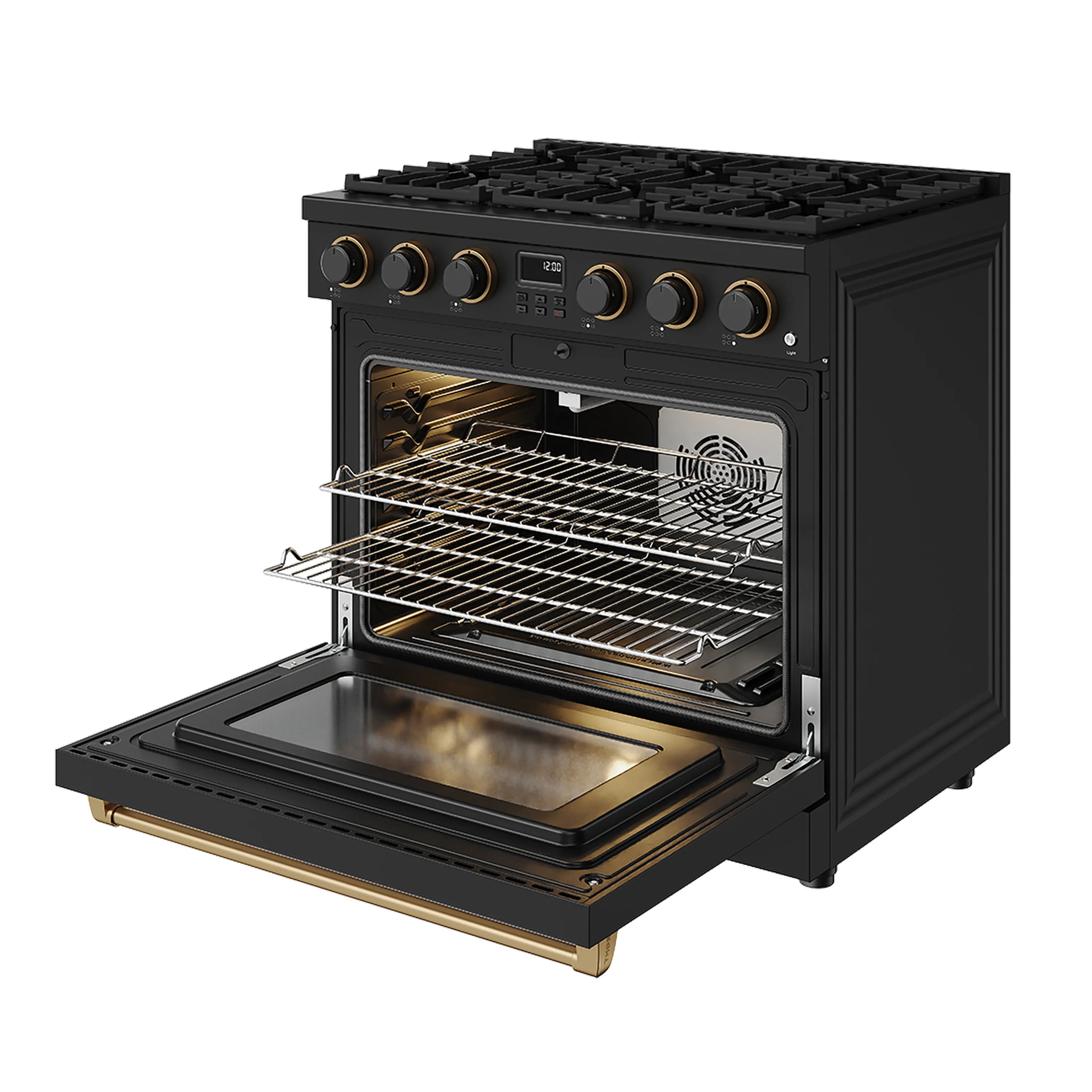 Black propane gas range with open oven, wire racks visible, and bronze handle