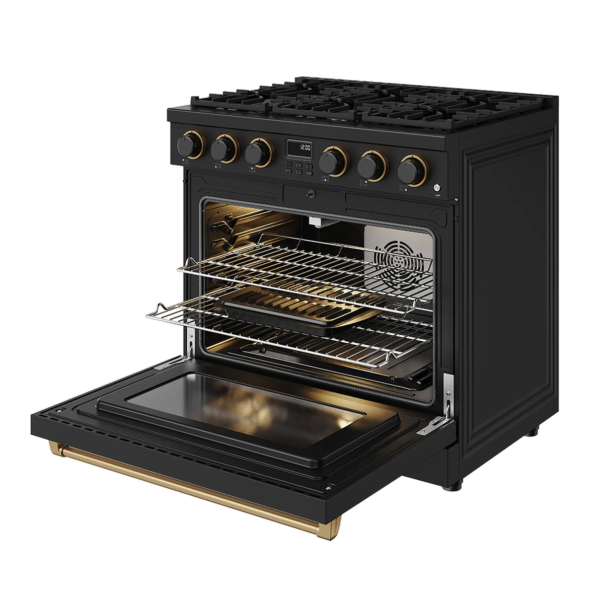 Black gas range with open oven door, wire racks, and visible interior fan