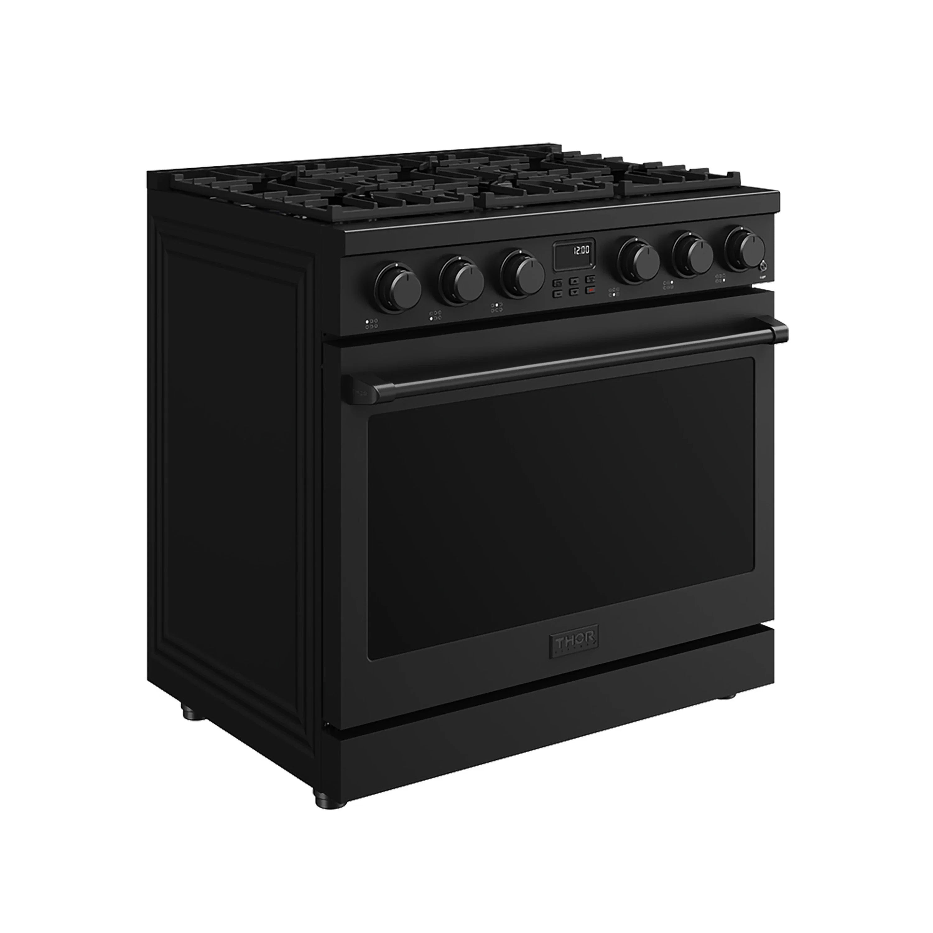 Black gas range from side angle with control panel and glass oven door