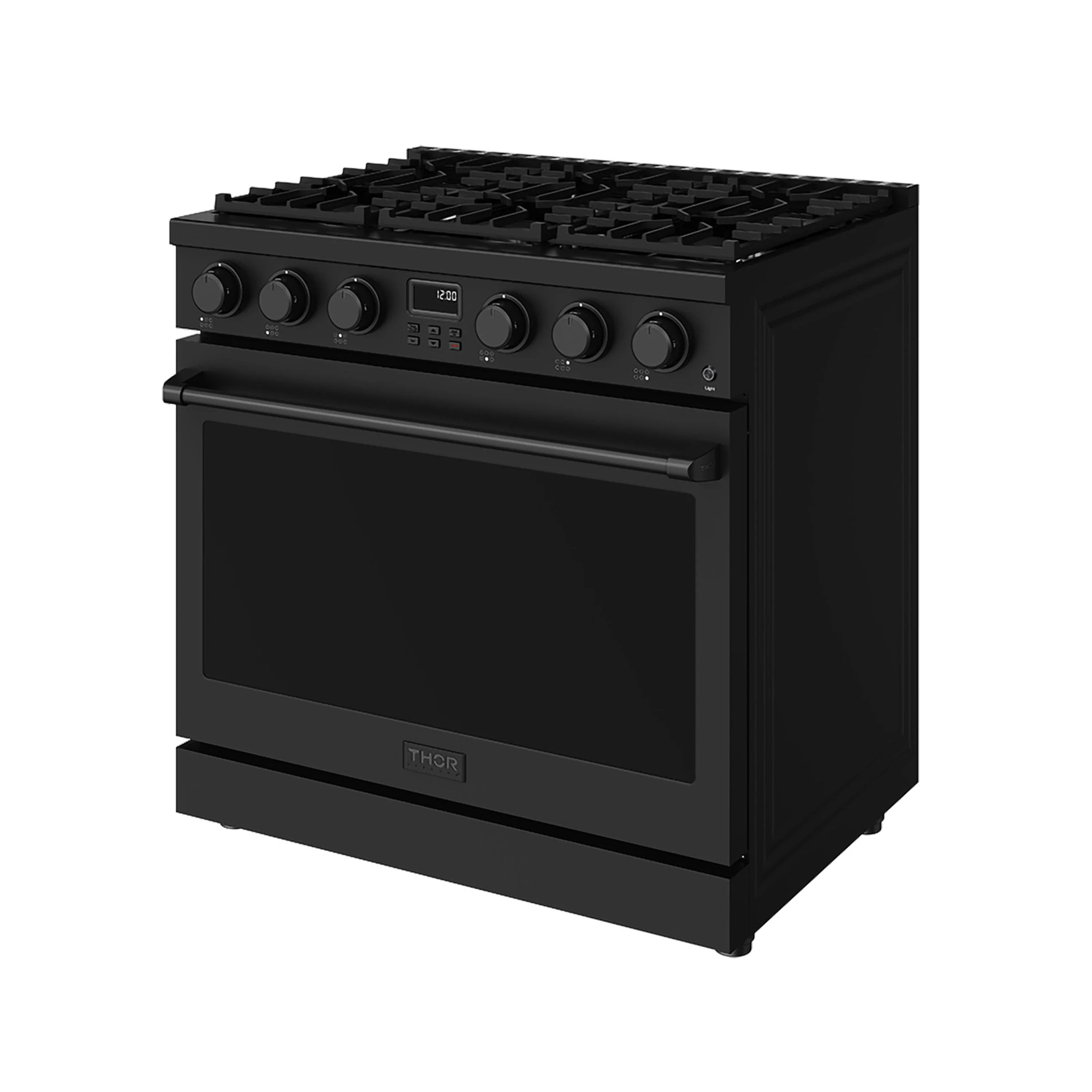 Black gas range with burner grates, control panel knobs, and large oven door