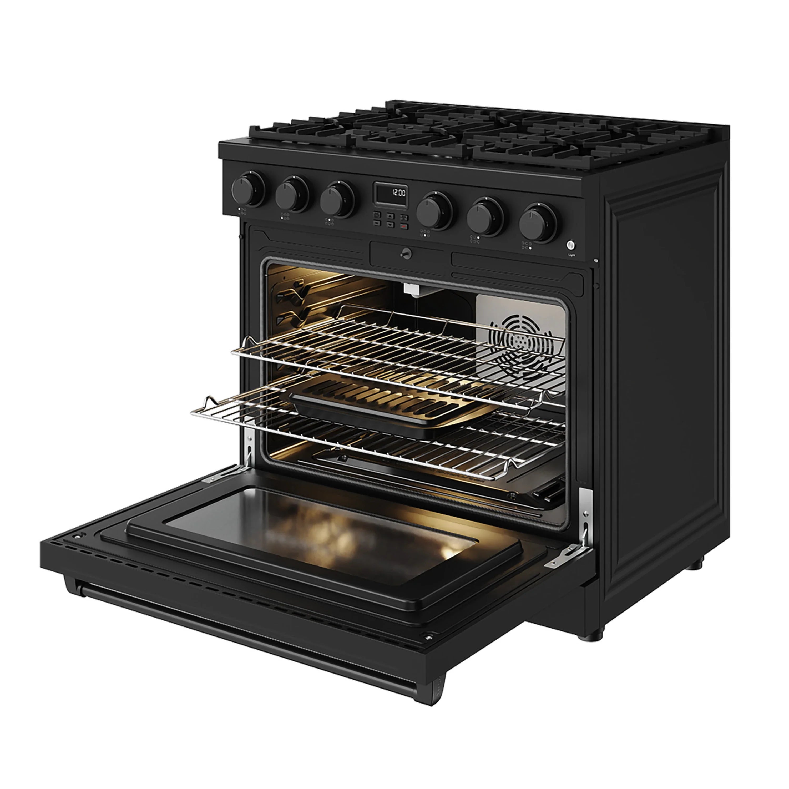 Black gas range with oven door open showing racks, fan, and interior light