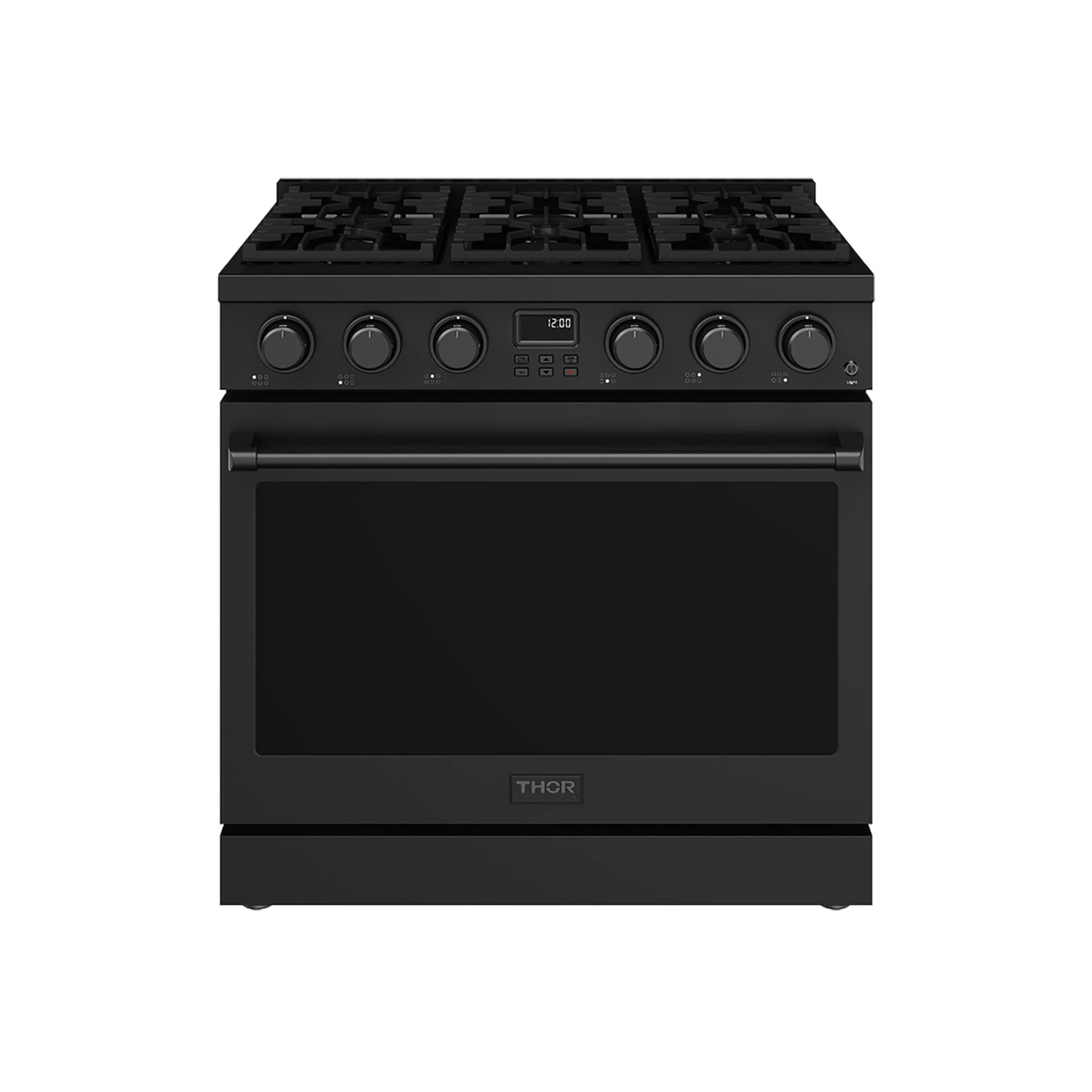 Black gas range with cooktop and oven door, front view with control panel