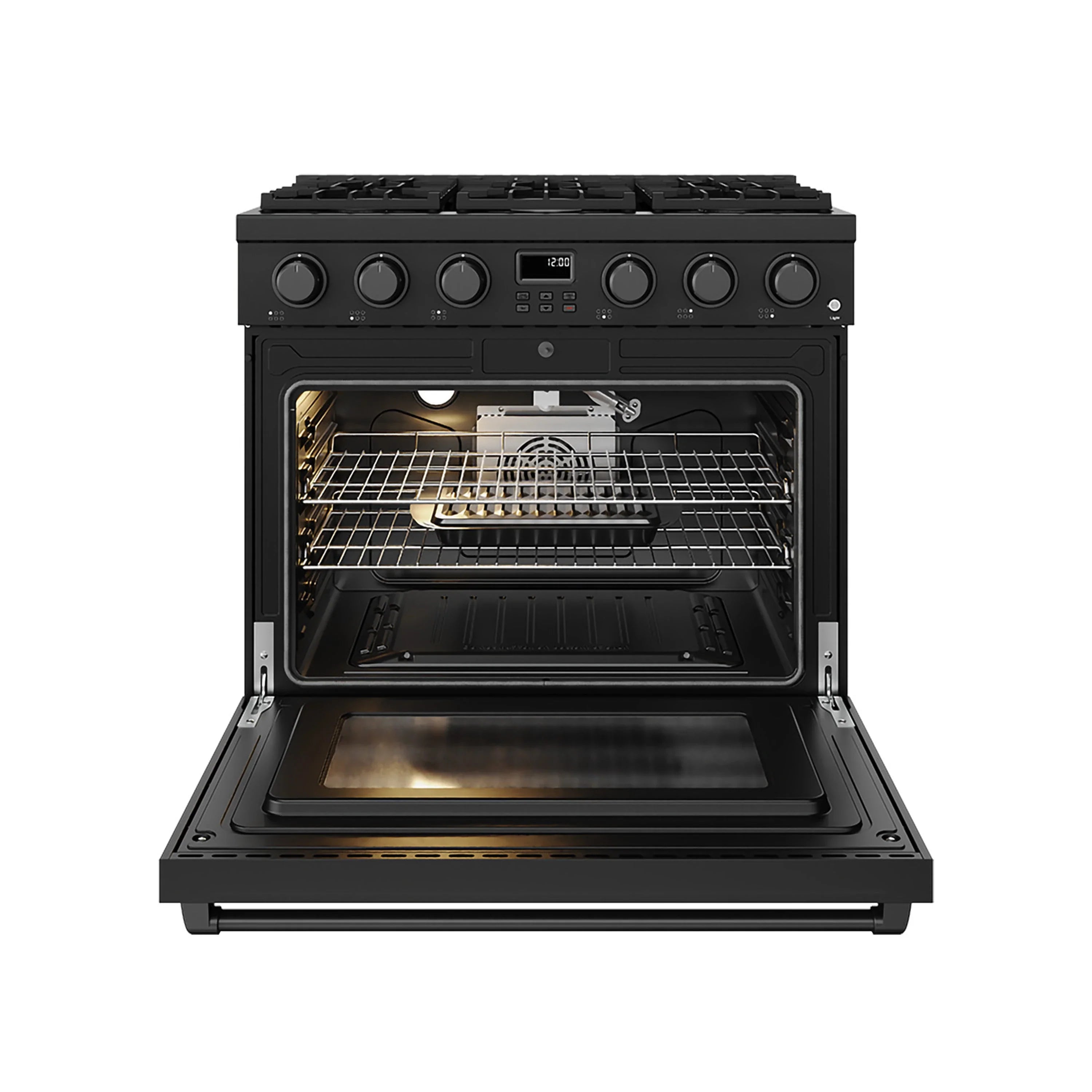 Black gas range with oven door open showing rack, interior light, and cooking cavity