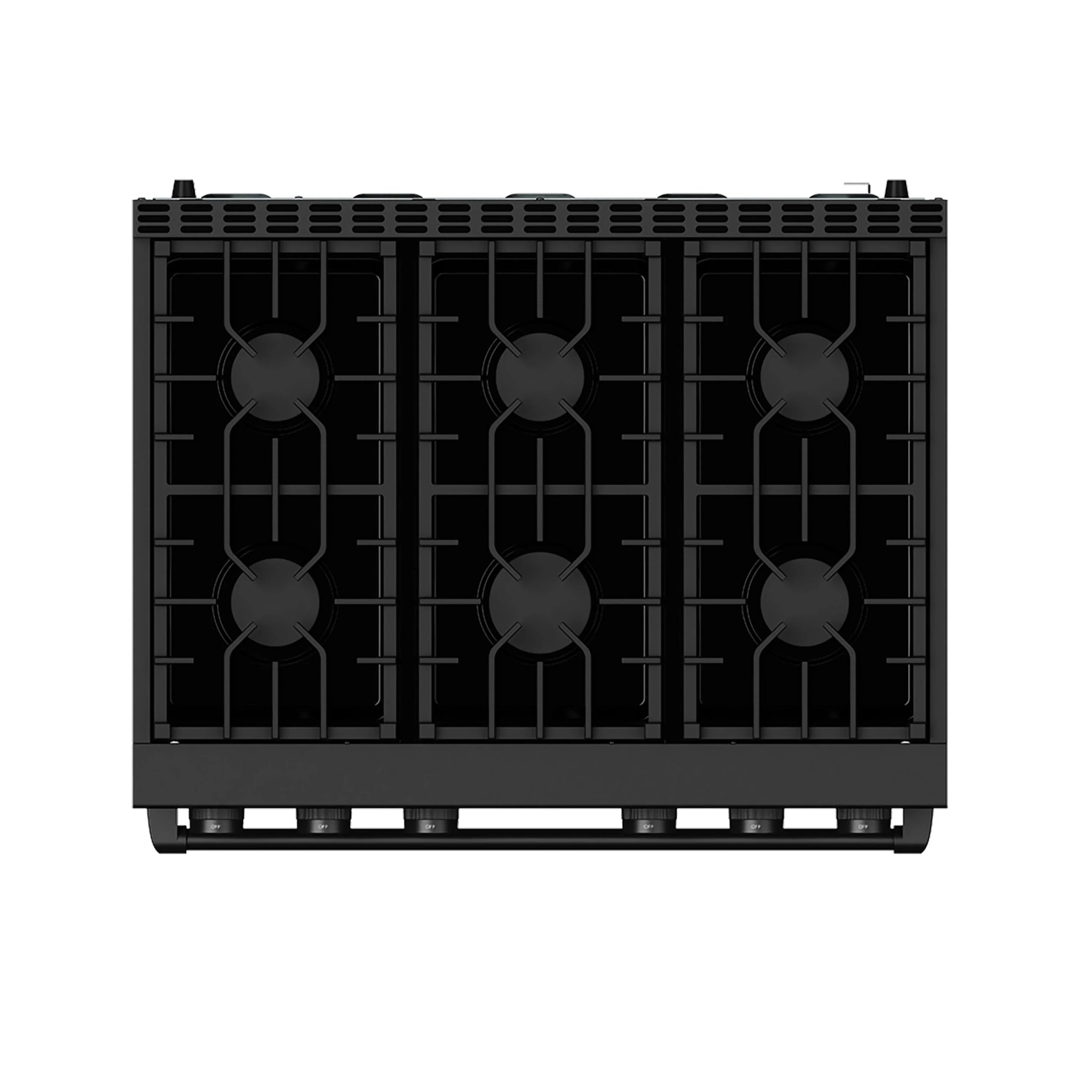 Black gas range cooktop with three burners and metal grate covers