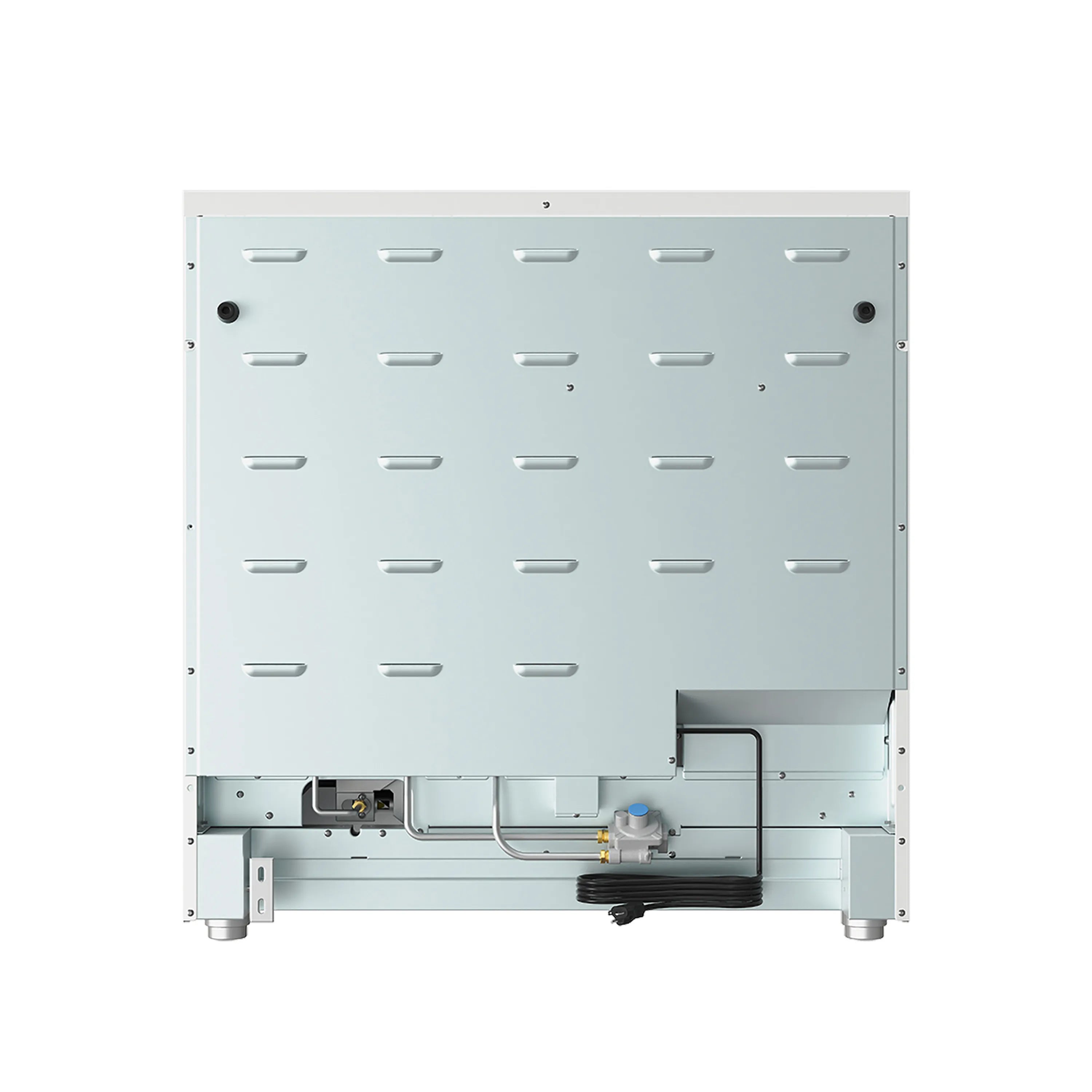White gas range rear panel with vented back plate and internal components
