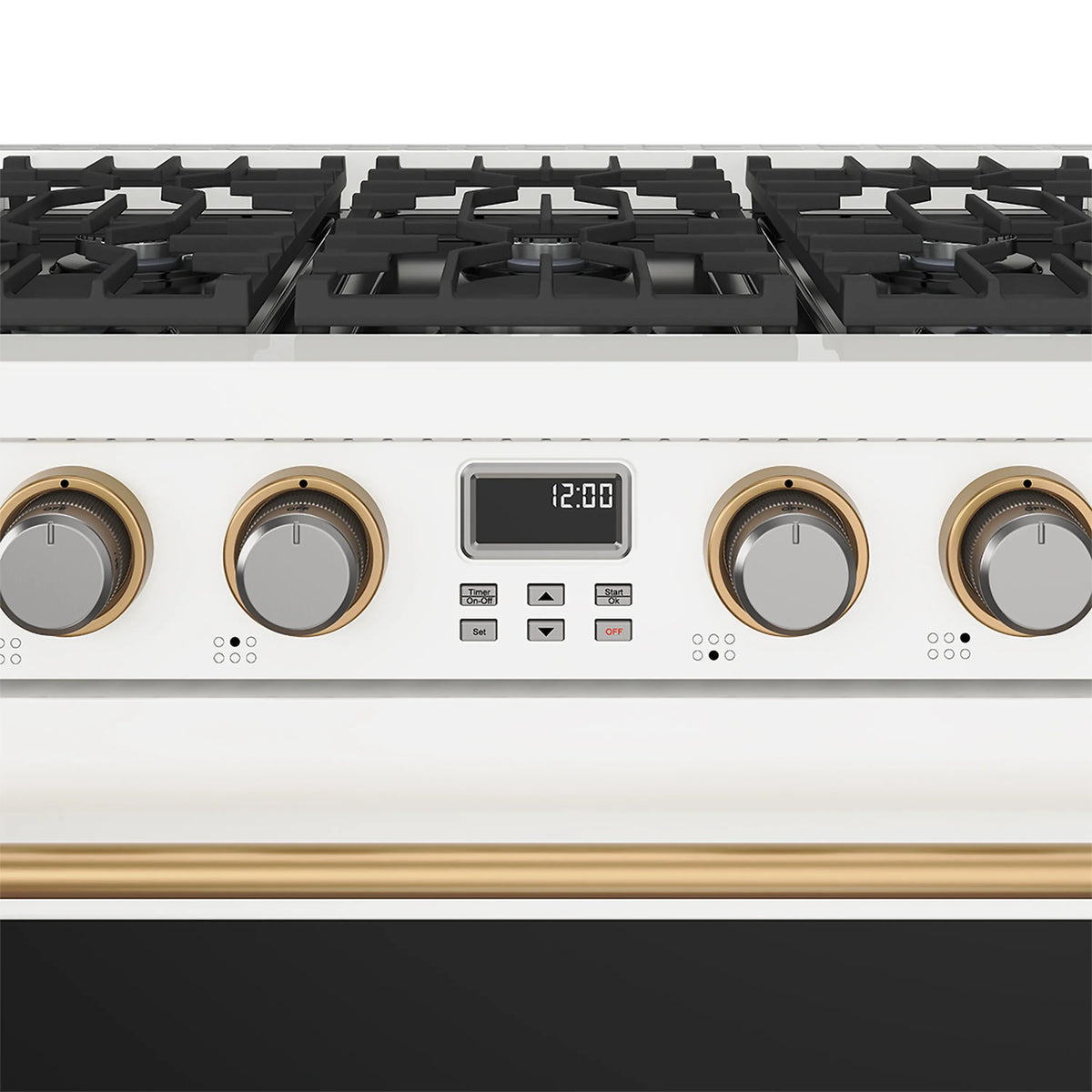 36-inch propane gas range control panel with bronze knobs and digital display