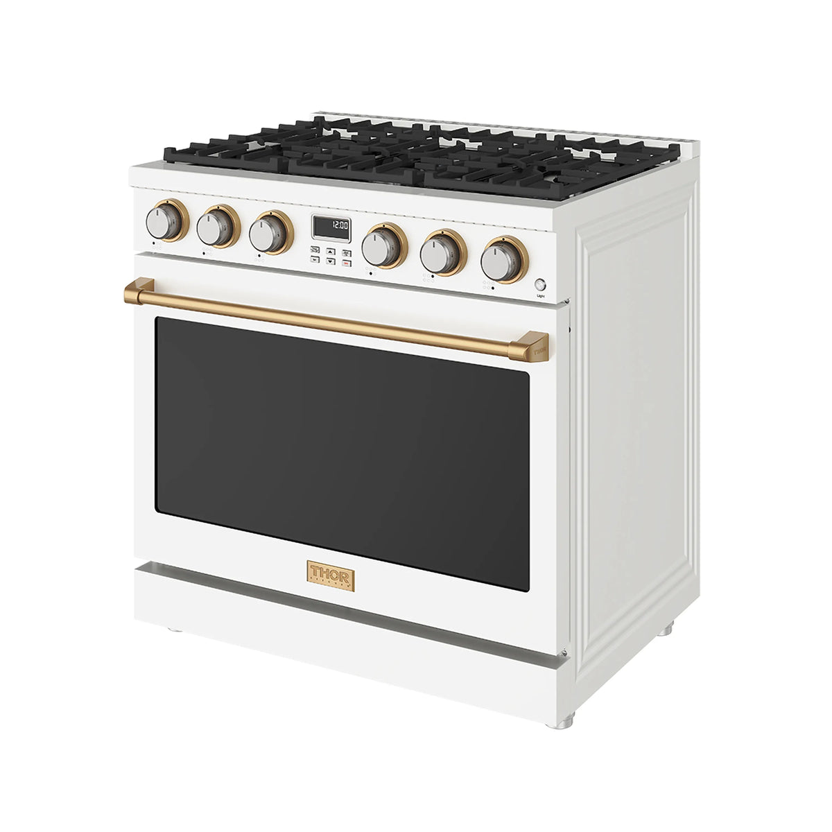 White gas range with black oven door, bronze handle bar, and top burner grates