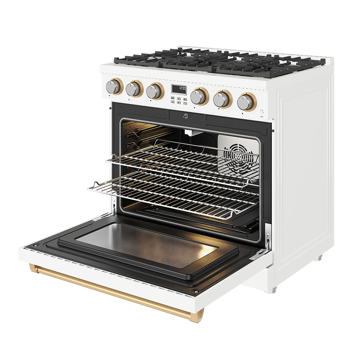White gas range with open oven door and rear fan, wire racks, bronze control rail