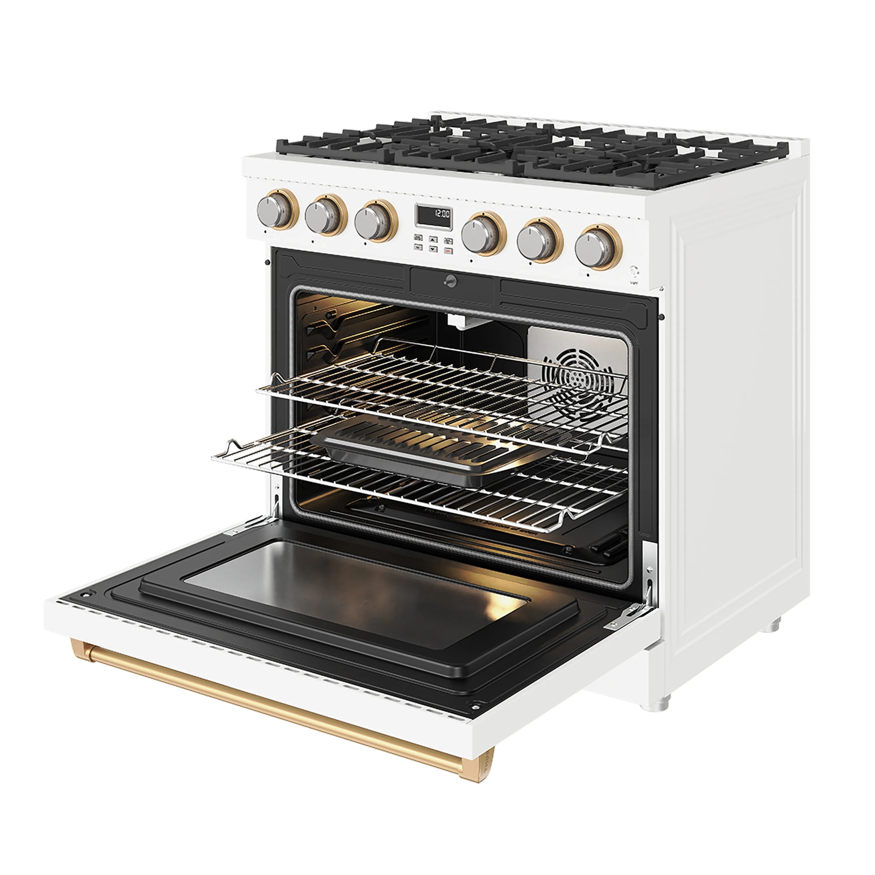 White gas range with open oven door showing racks and broiler chamber