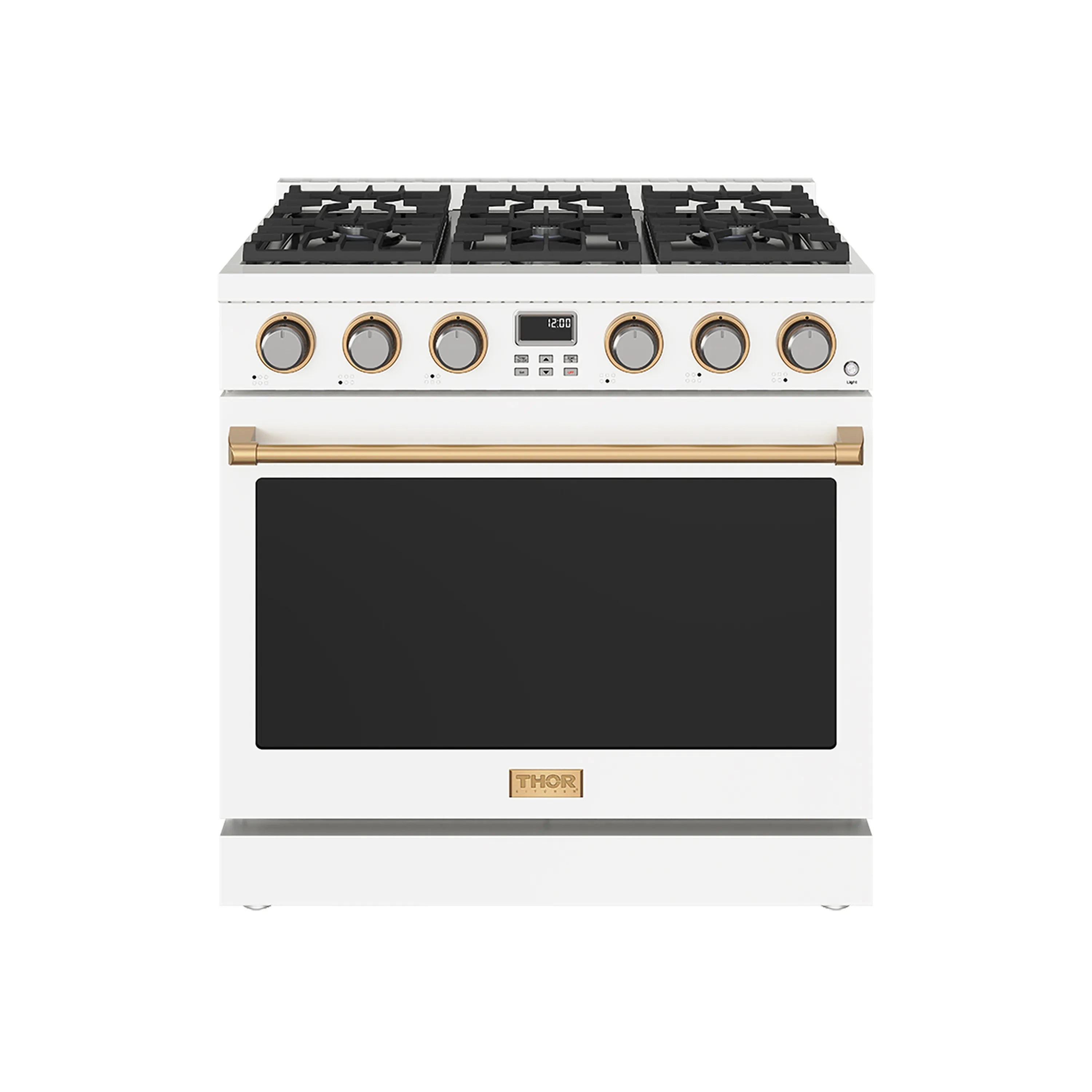 White gas range with bronze control knobs and black glass oven door