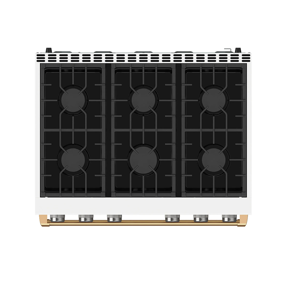 White gas range cooktop with black grates and bronze control rail