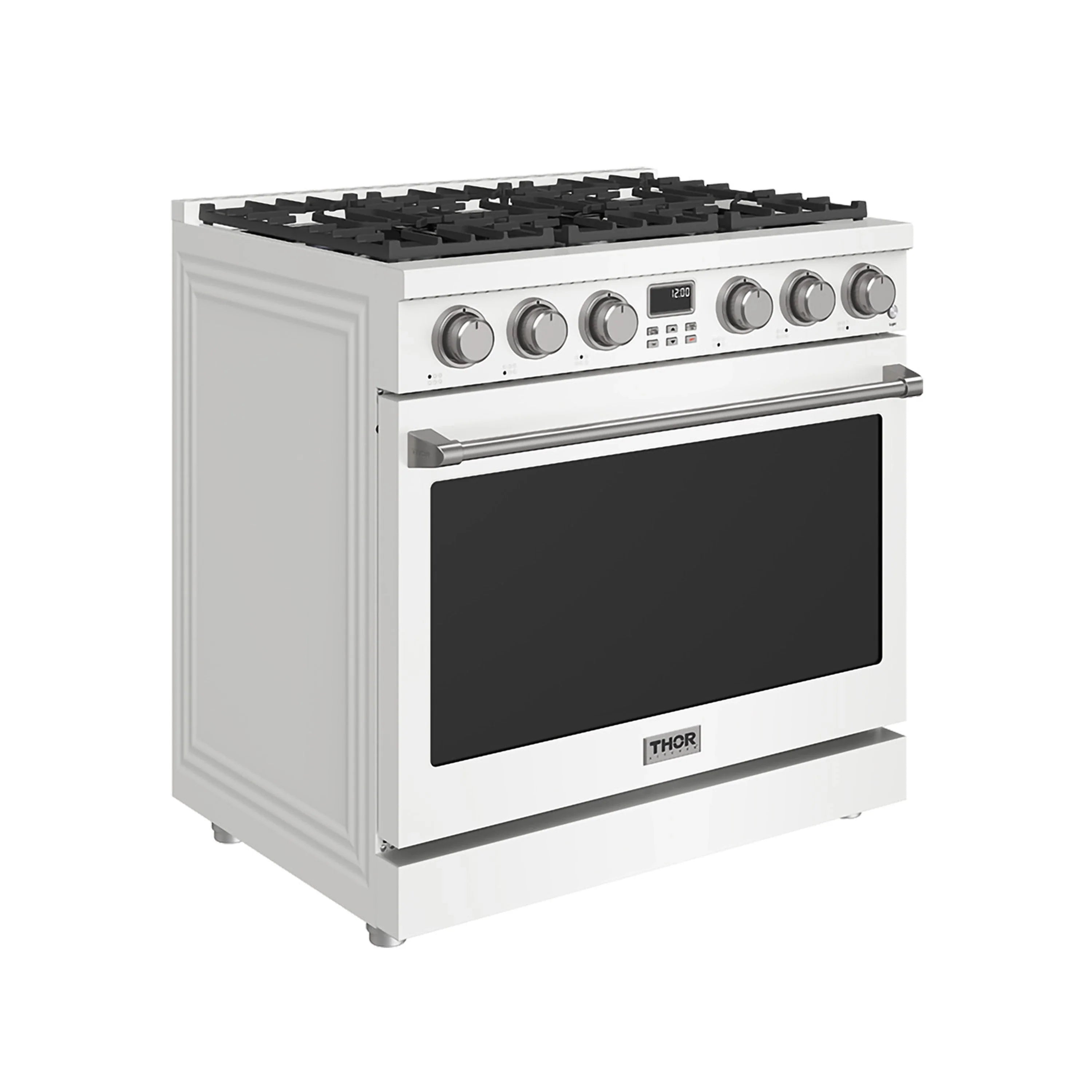 White Thor freestanding gas range with control knobs, burner grates, and oven door