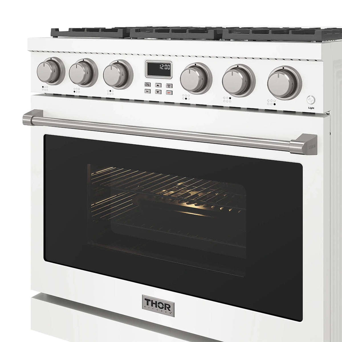 White gas range front view with control knobs and large black oven window