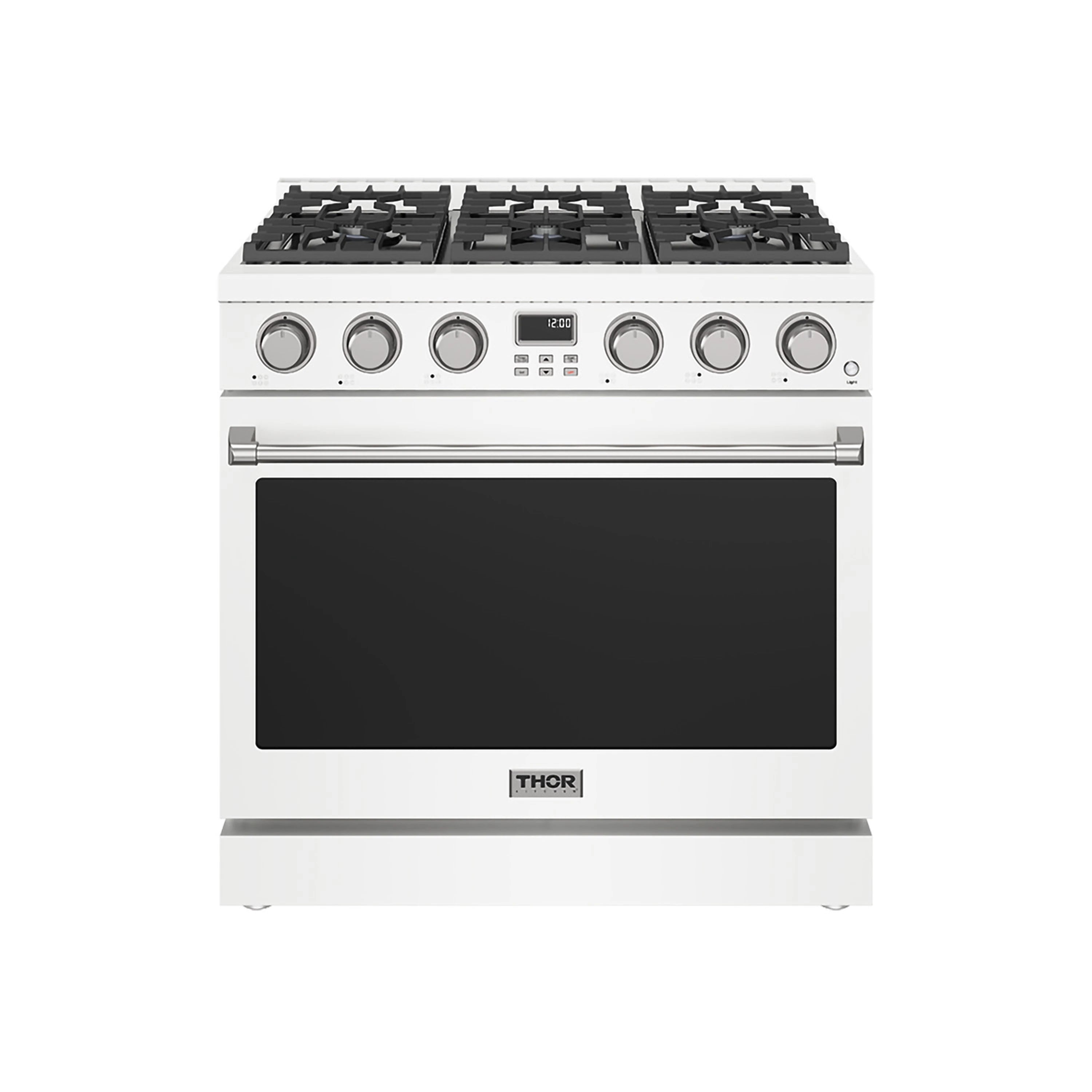 White 36-inch gas range with black window oven door and control knobs