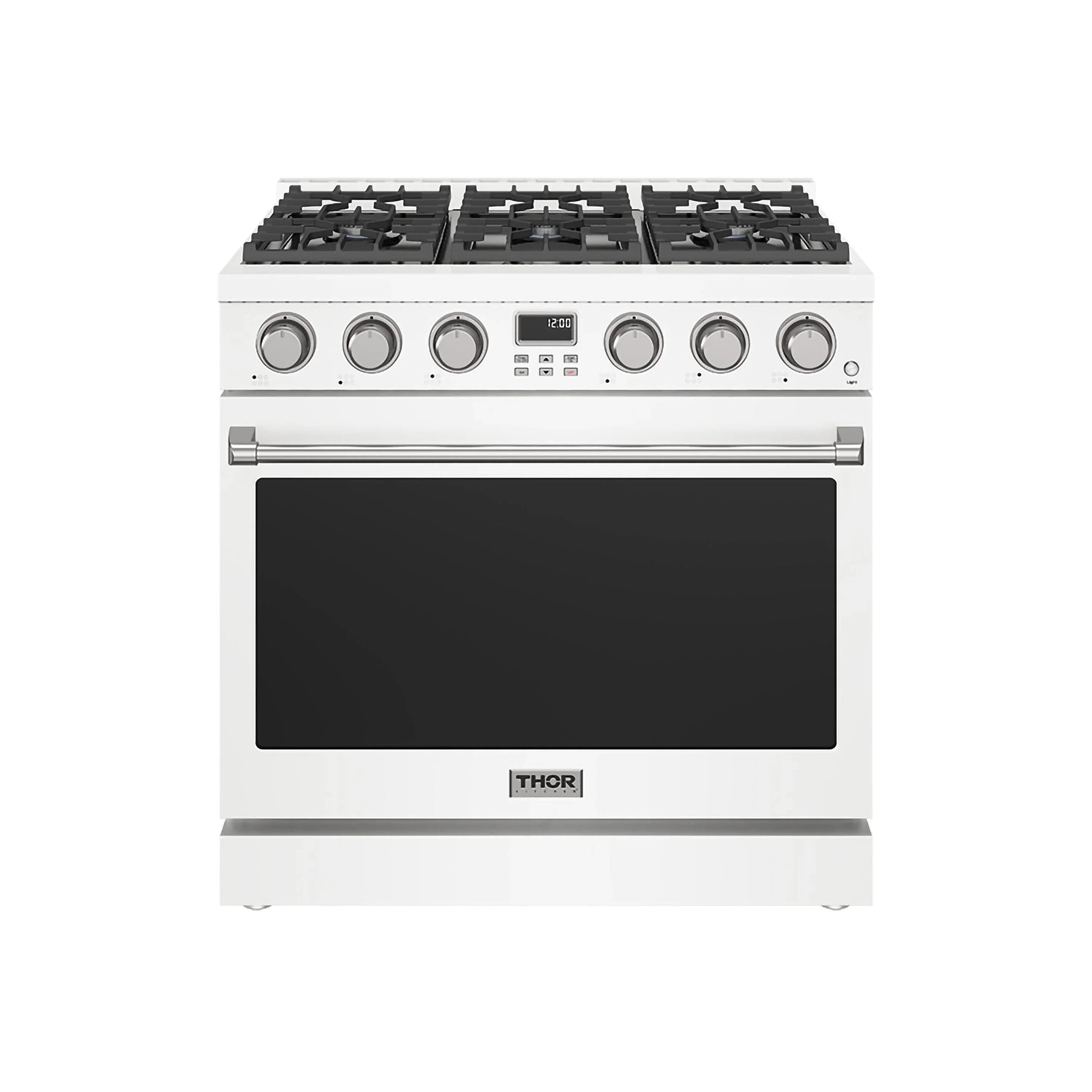 White gas range with black glass oven door and six burner control knobs