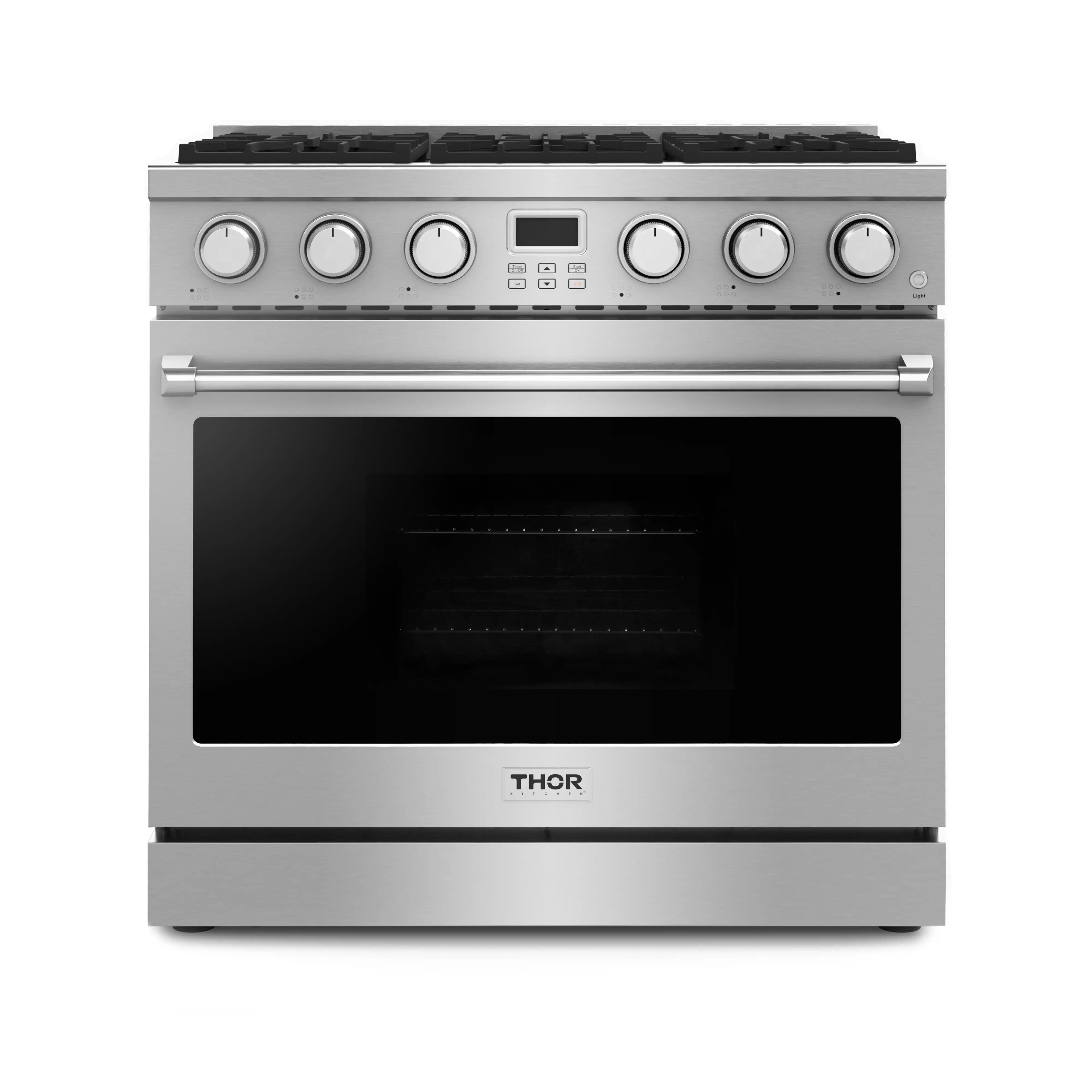 Stainless steel gas range front with control knobs and oven door window