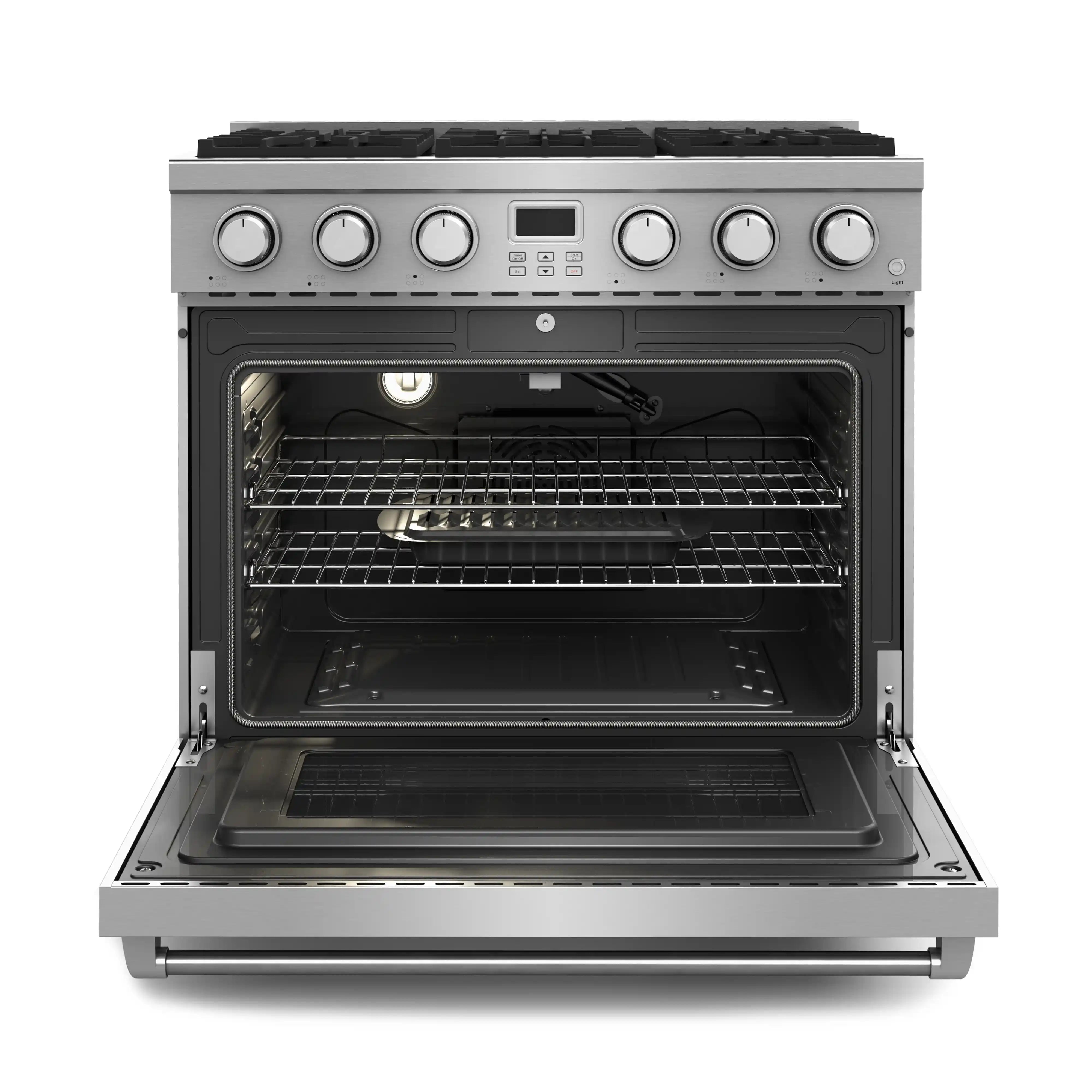 Stainless steel gas range oven door open with wire racks inside