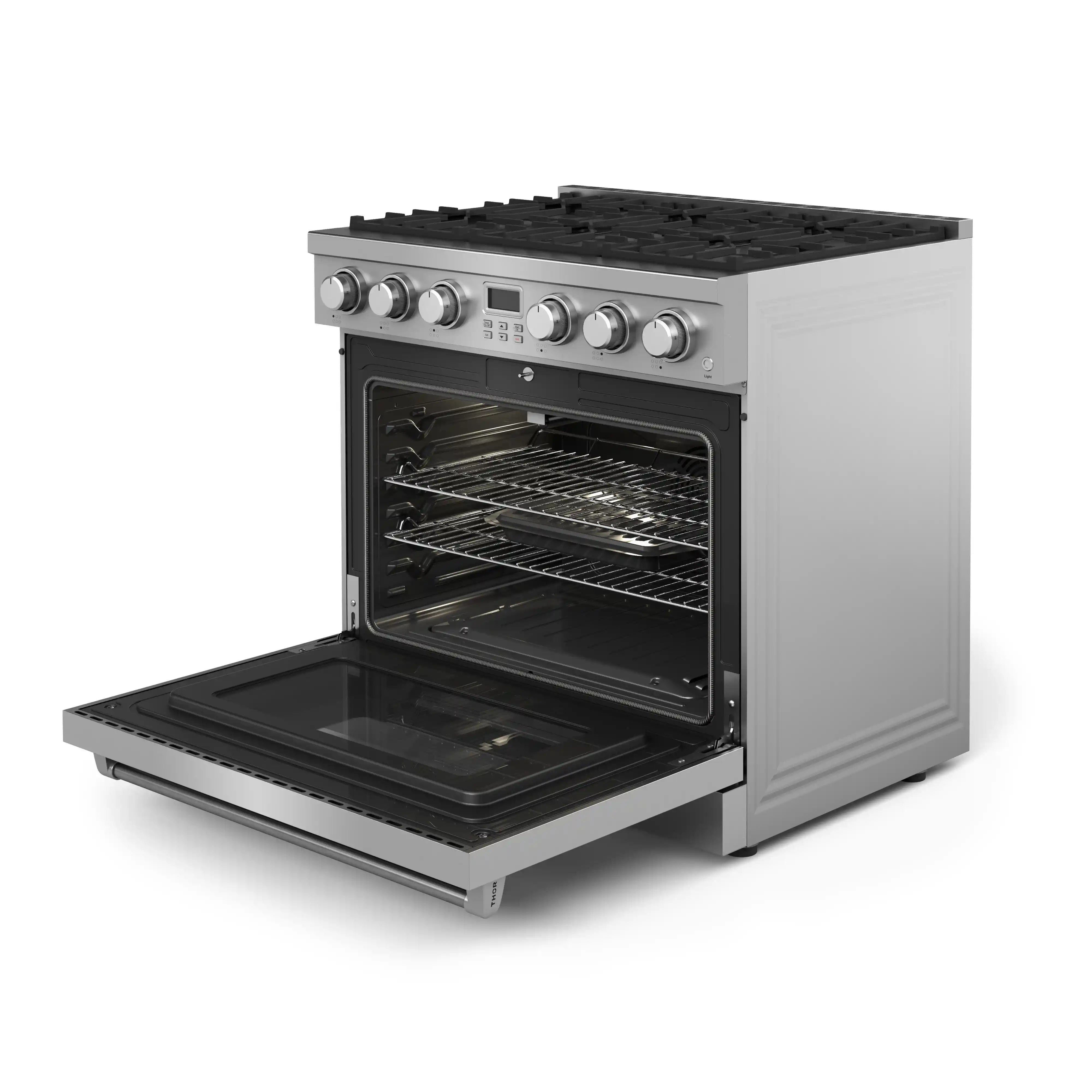 Stainless steel gas range with oven door open and lower tray extended