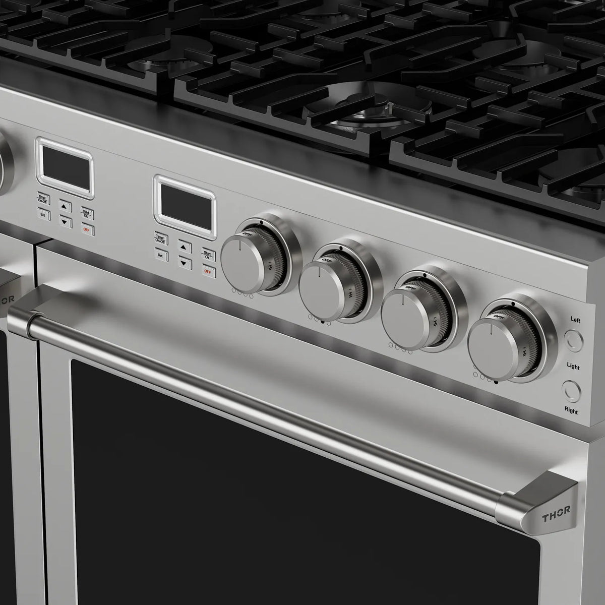 Stainless steel gas range control panel with knob controls