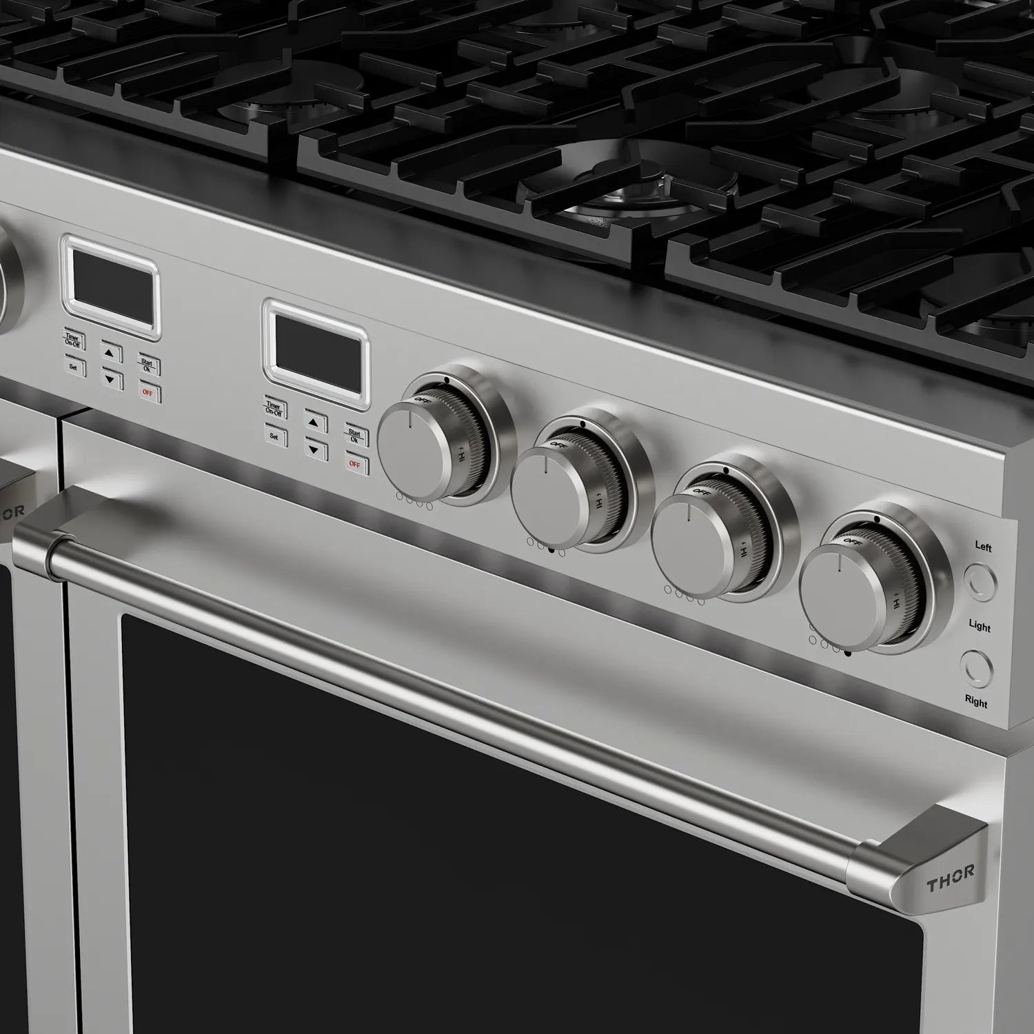 Stainless steel gas range control panel with burner knobs