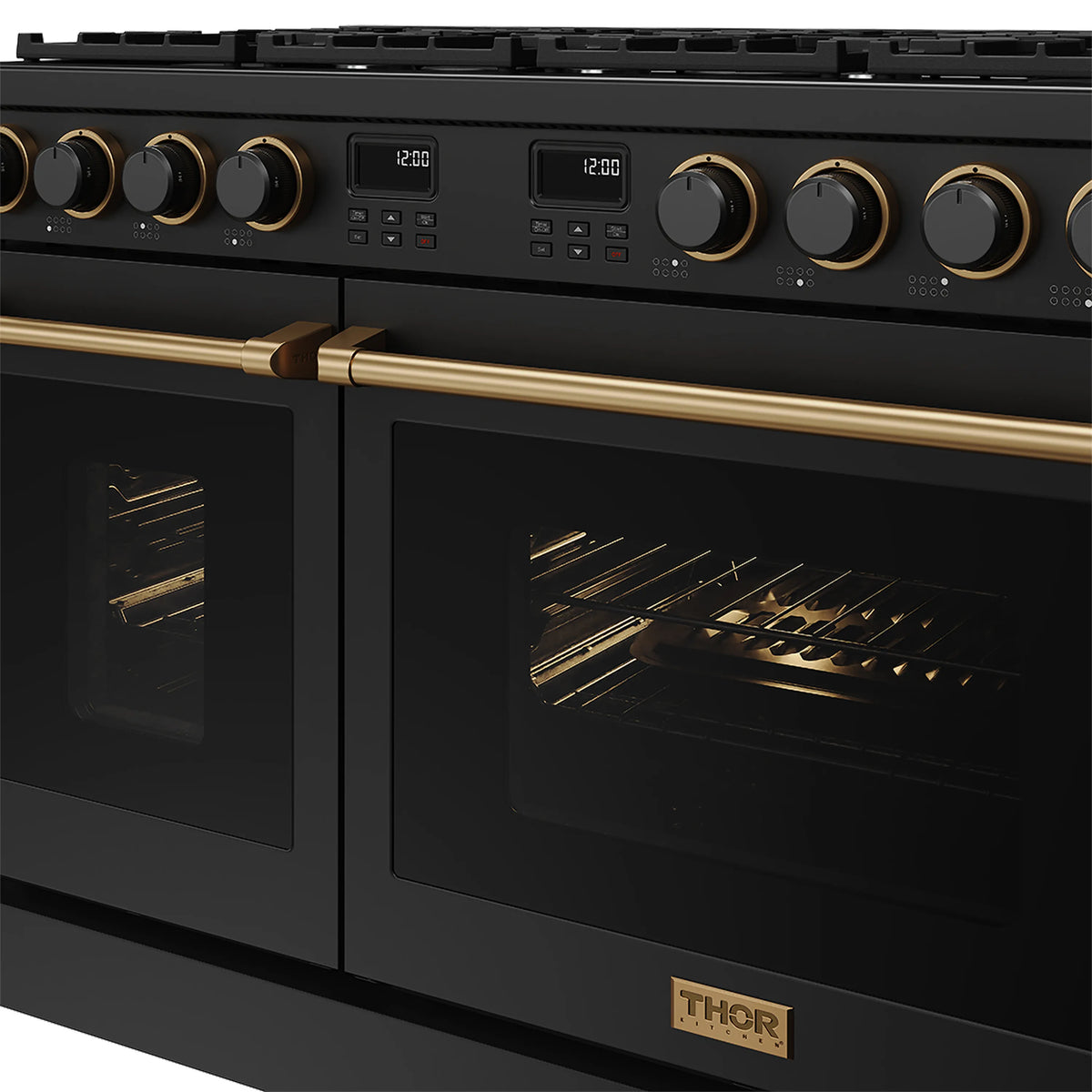 Thor Kitchen black gas range control panel with digital display and bronze trim