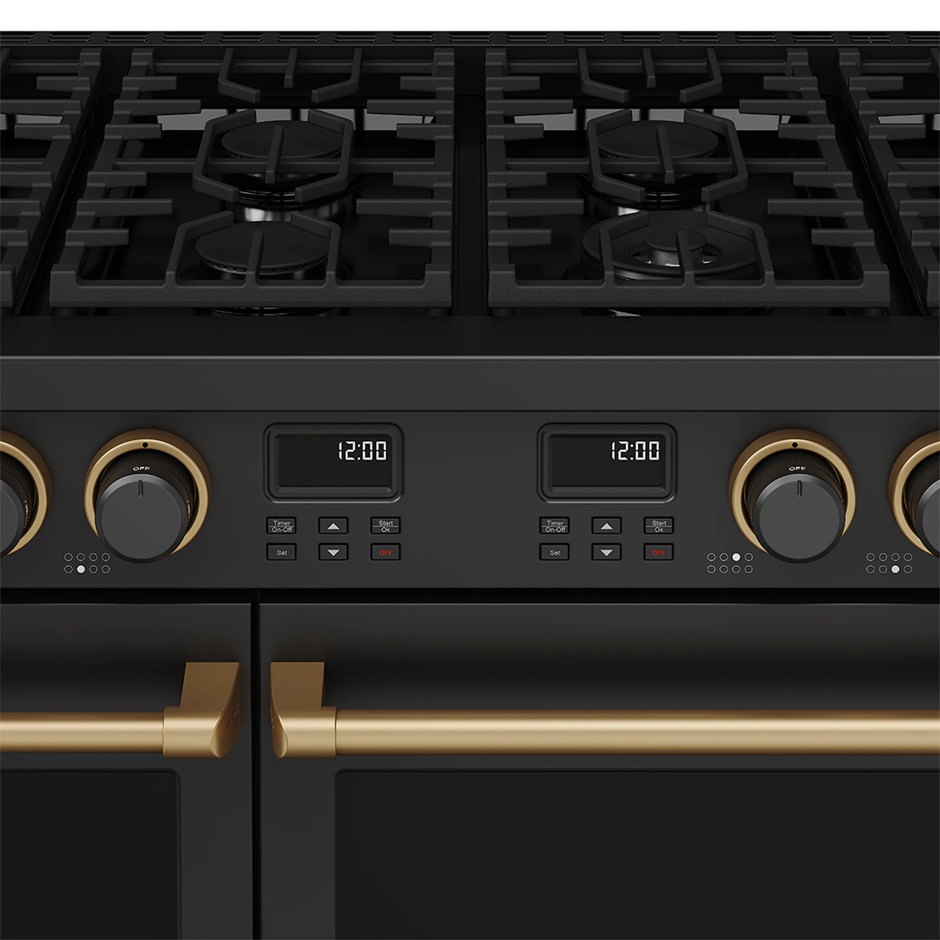 Gas range control area with two digital displays and bronze handle trim.