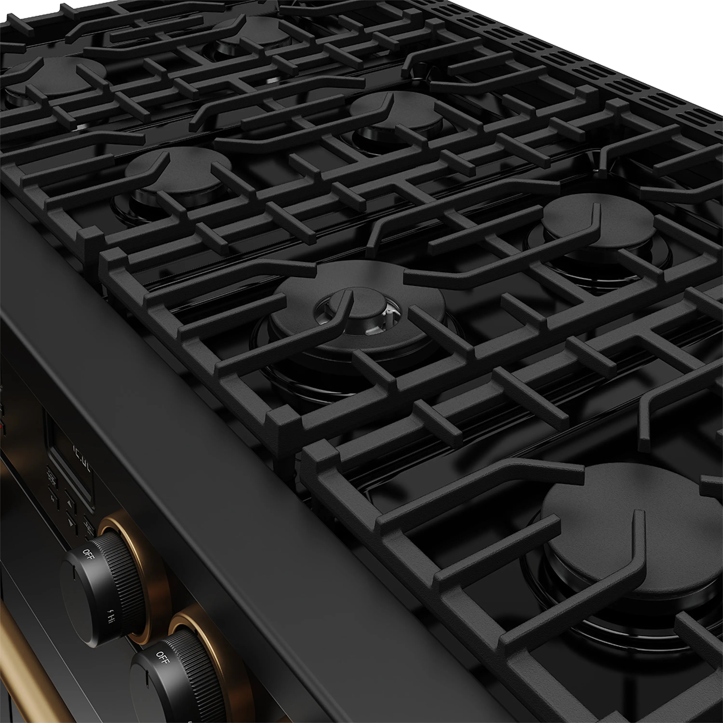 Black gas cooktop with cast-iron grates and burner caps, close-up view.