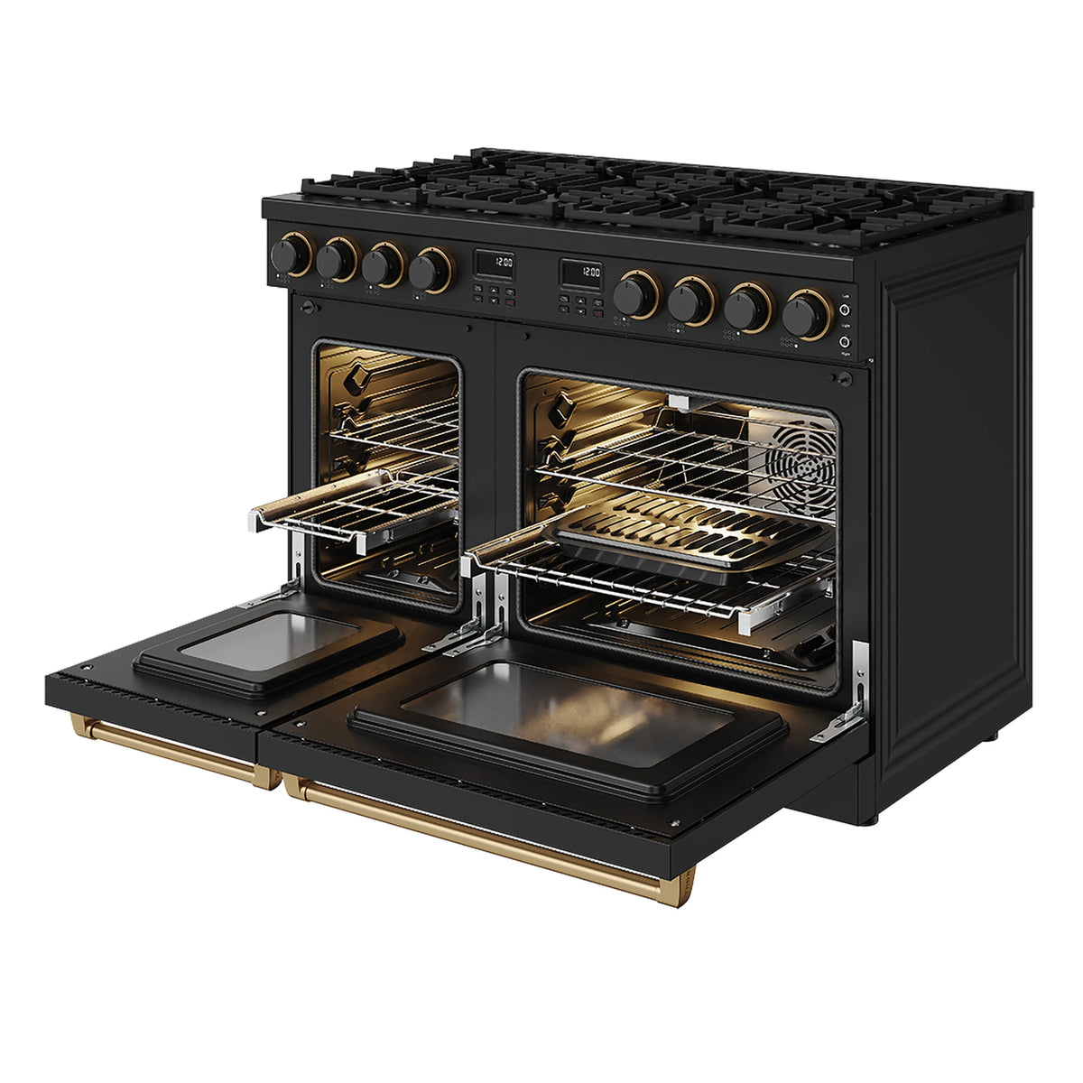 Thor Kitchen black gas range with open ovens and bronze accent rails