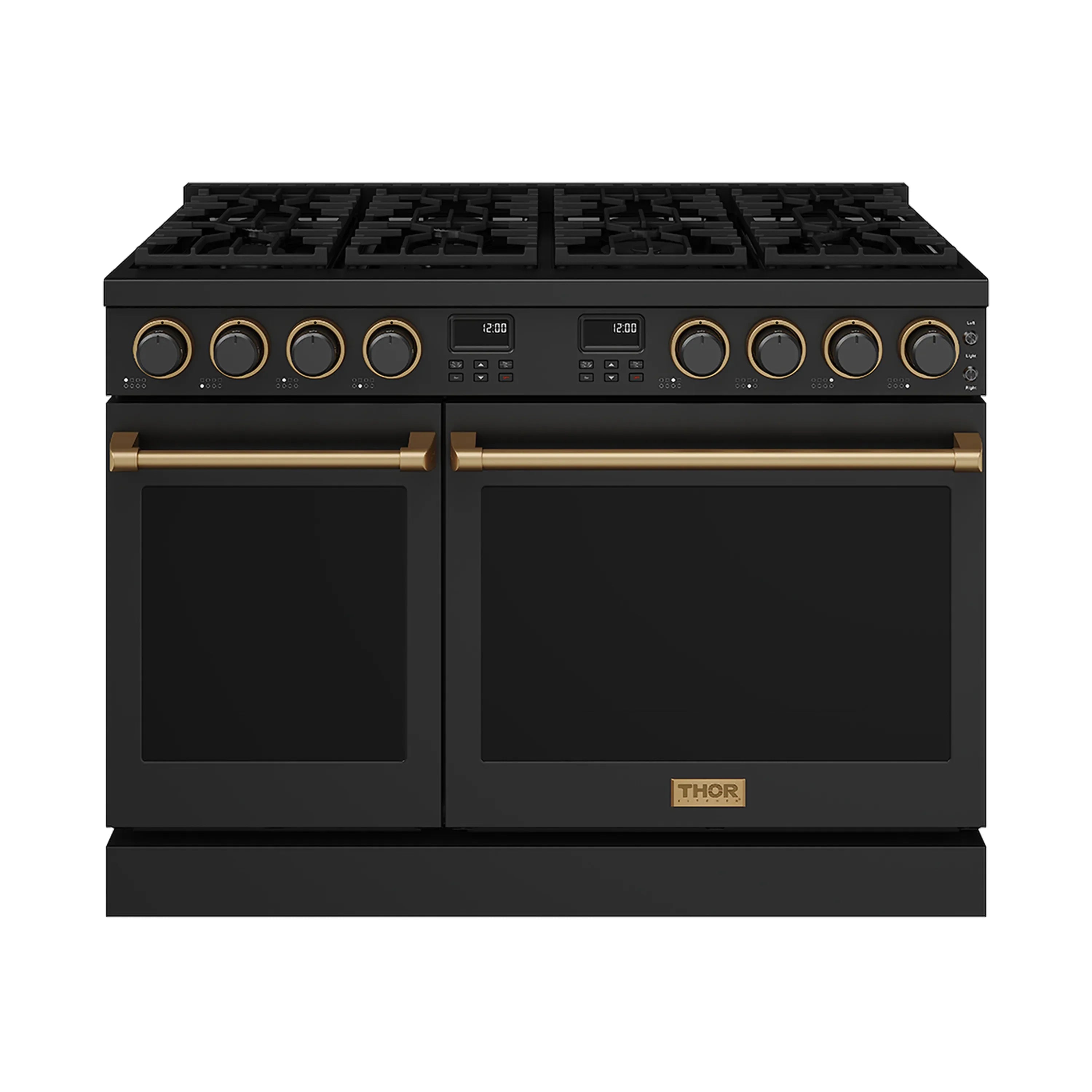 Black propane gas range with bronze control knobs and double oven doors
