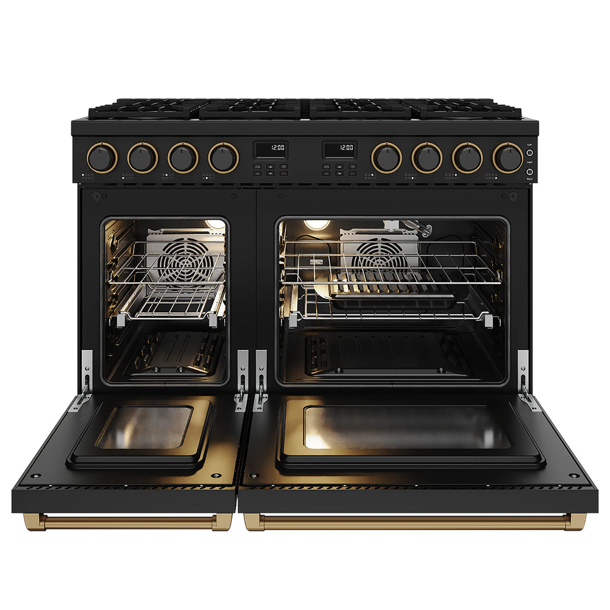 Black gas range with both ovens open, shelves, wire racks, and fan housing visible.