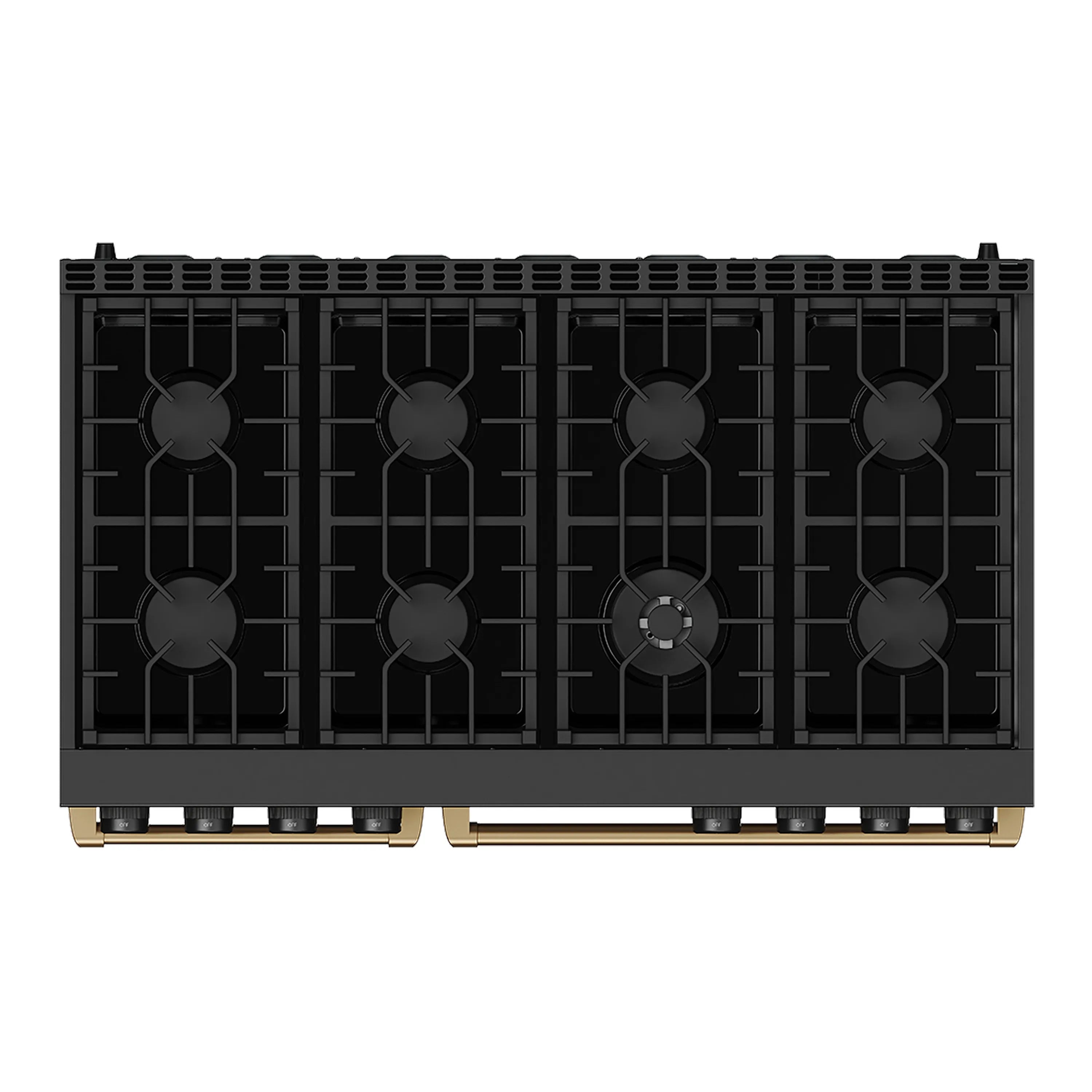 Black 48-inch gas range cooktop with 8 burners and cast-iron grates.