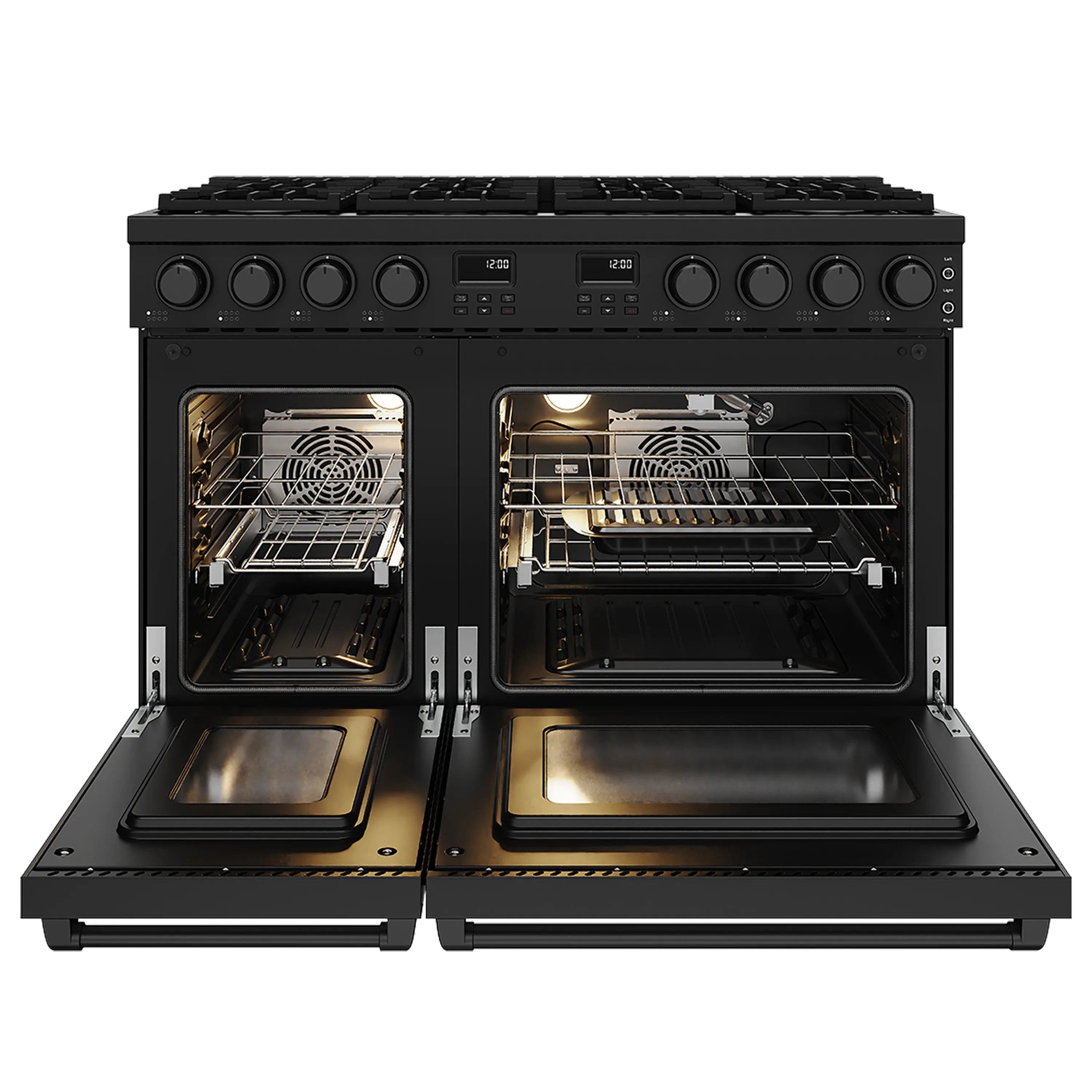 Black gas range with both oven interiors open, racks, and fan vent areas