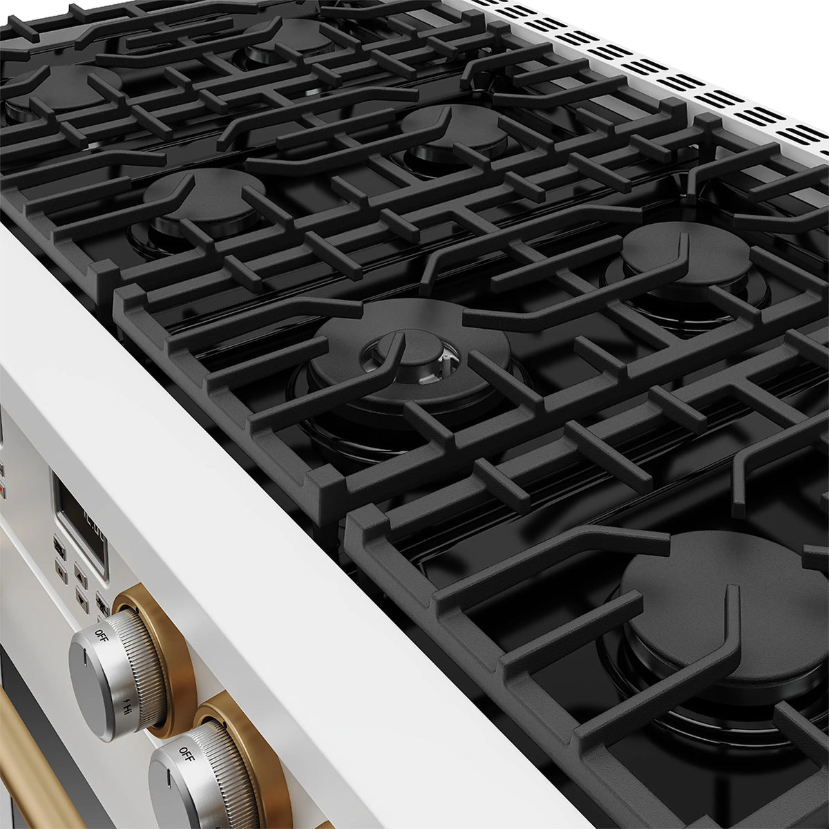 Close-up of black gas burners on a white cooktop with bronze control knob accents