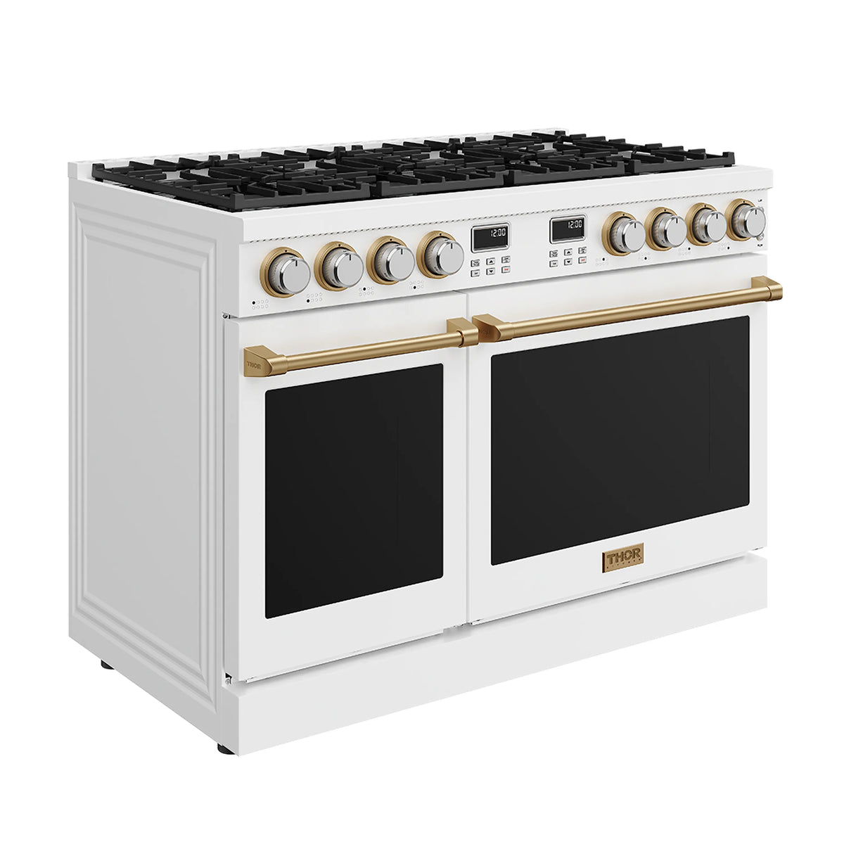 White gas range with black grates, bronze handle bar, and double oven doors