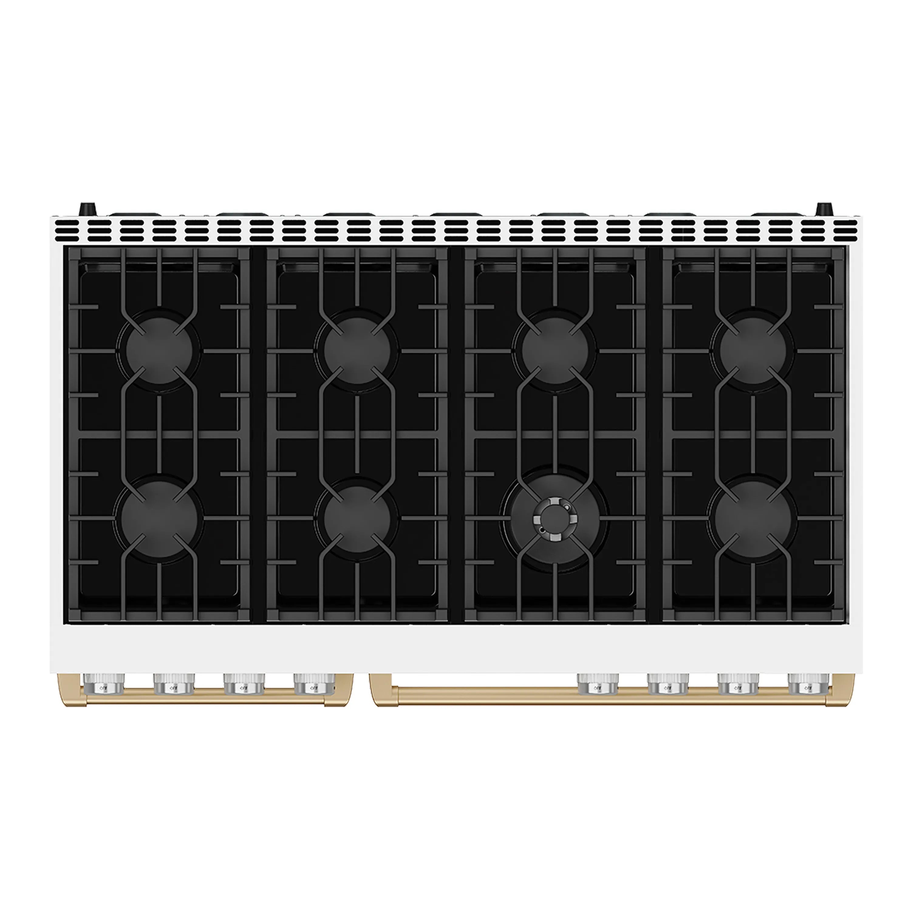 Close-up of underside of cooktop showing four gas burners with black grates