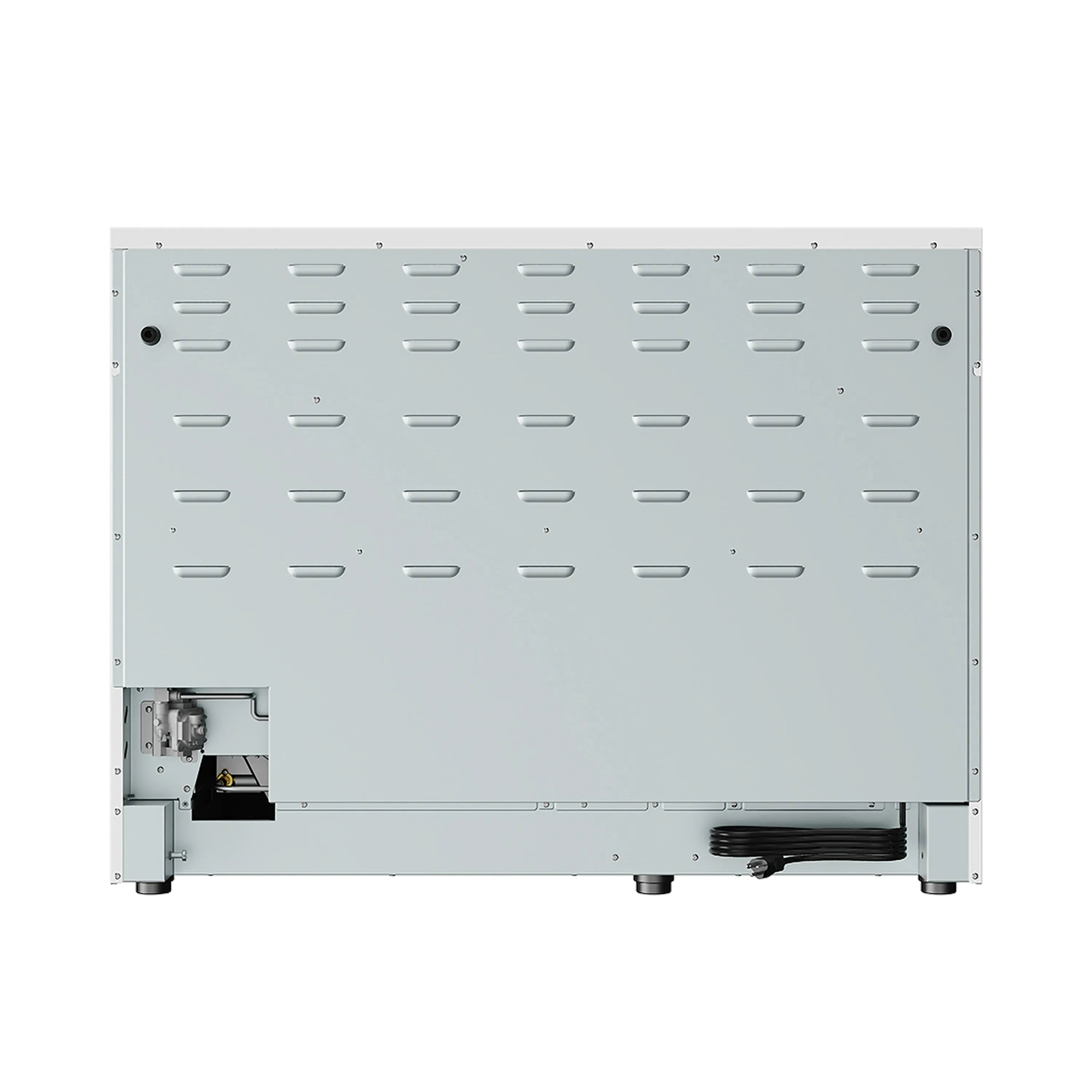 Bottom access panel of a white gas range showing vents and internal components