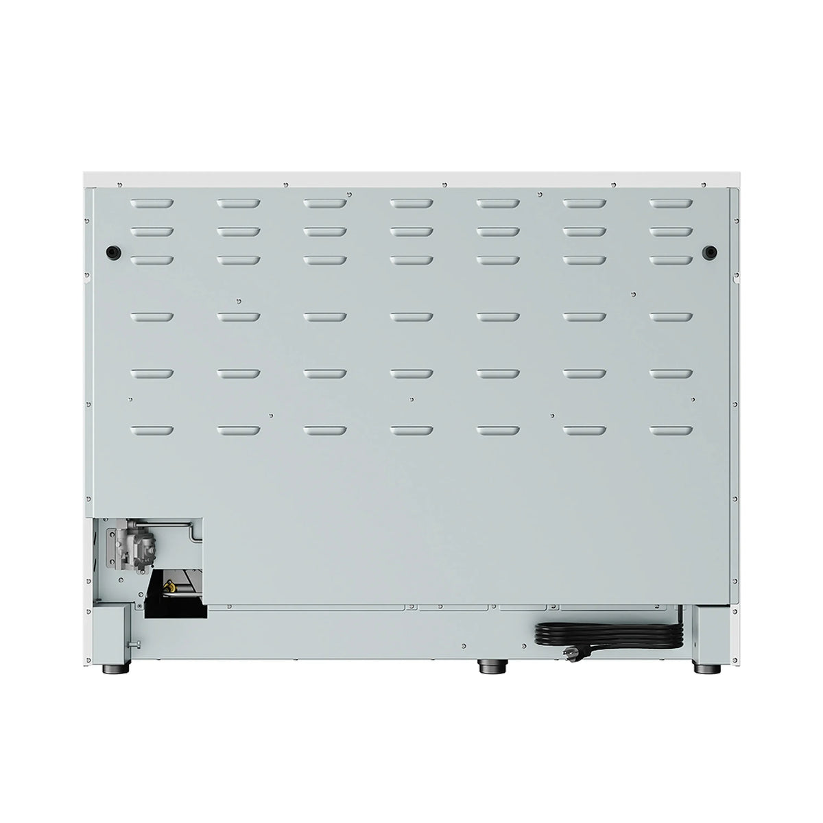 Gas range rear panel with ventilation grilles and power connections