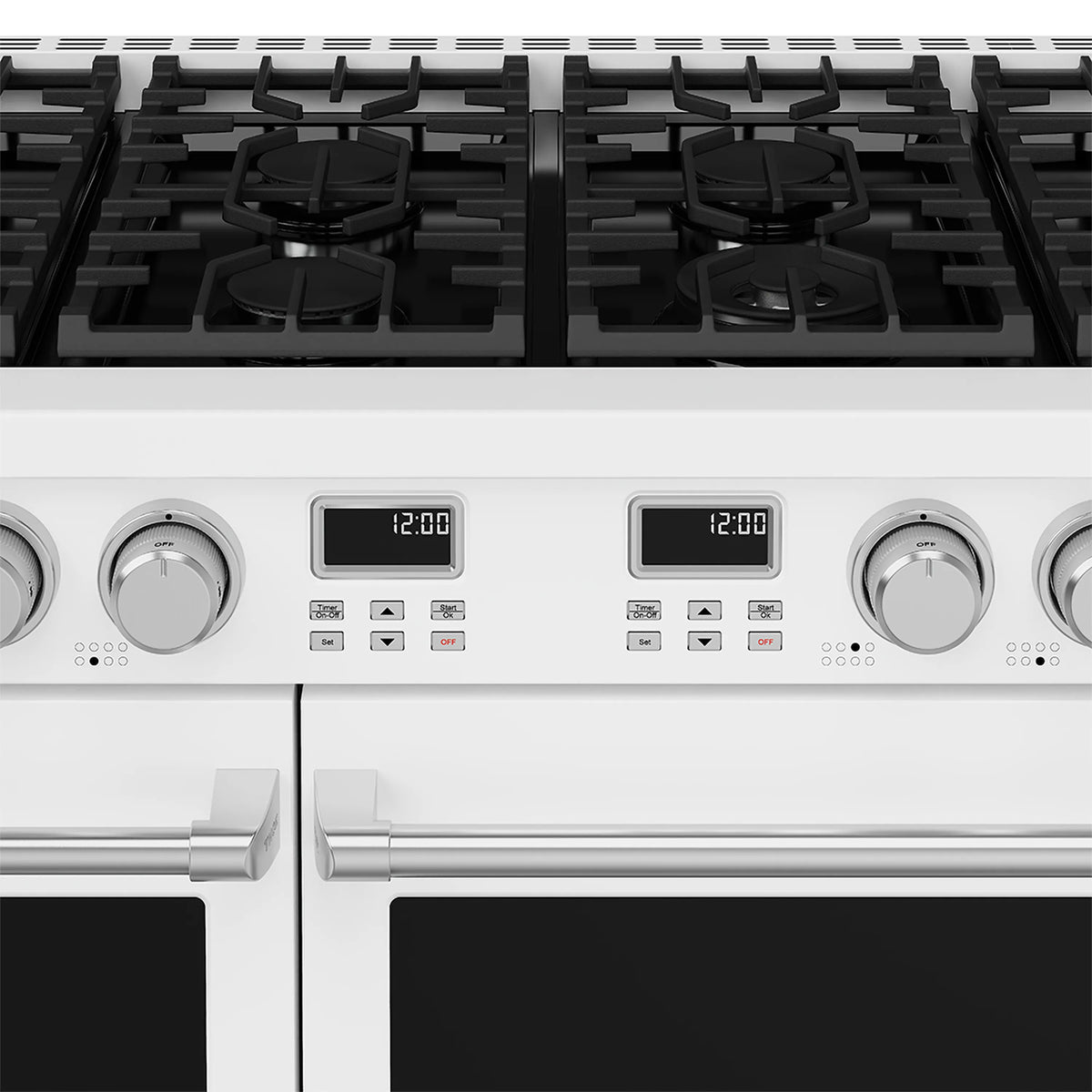 Gas range control panel with digital displays and large round burner knobs