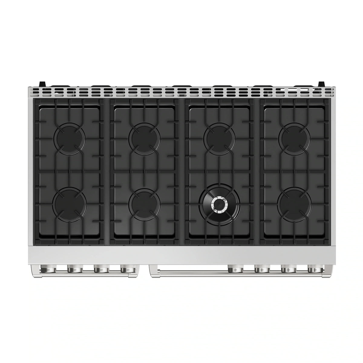 Stainless steel gas range cooktop with black grates and four burner areas