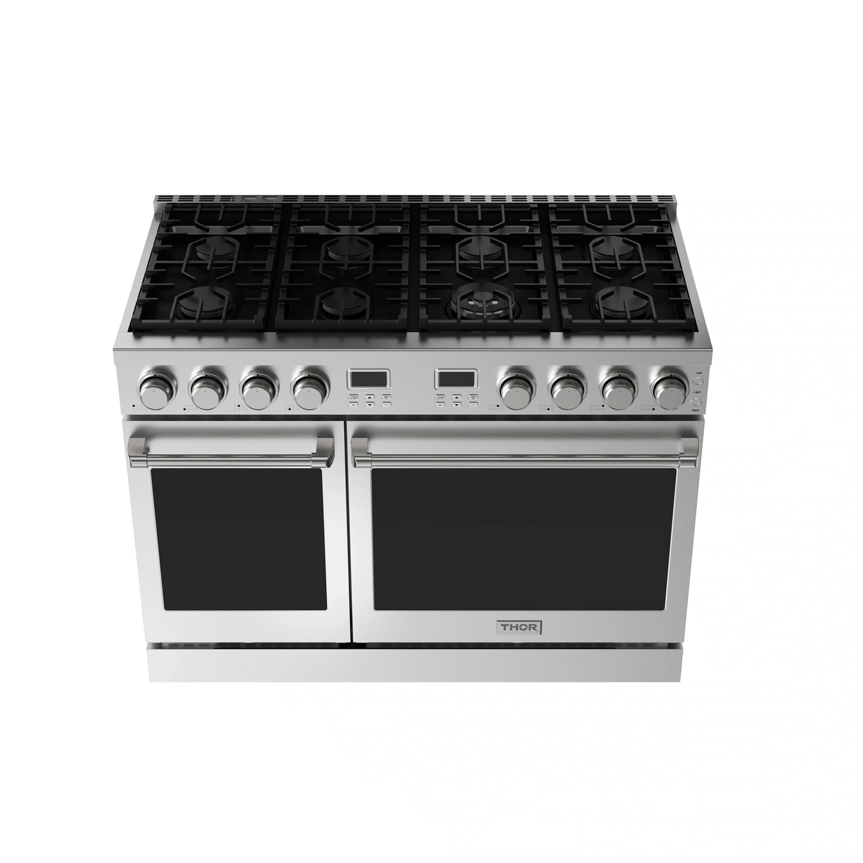 Stainless steel pro-style gas range front view with black burners and two oven doors