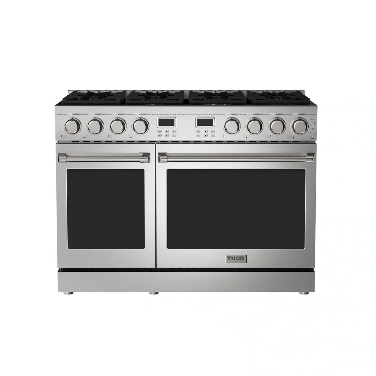 Stainless steel pro-style gas range with control knobs, black burners, and dual ovens