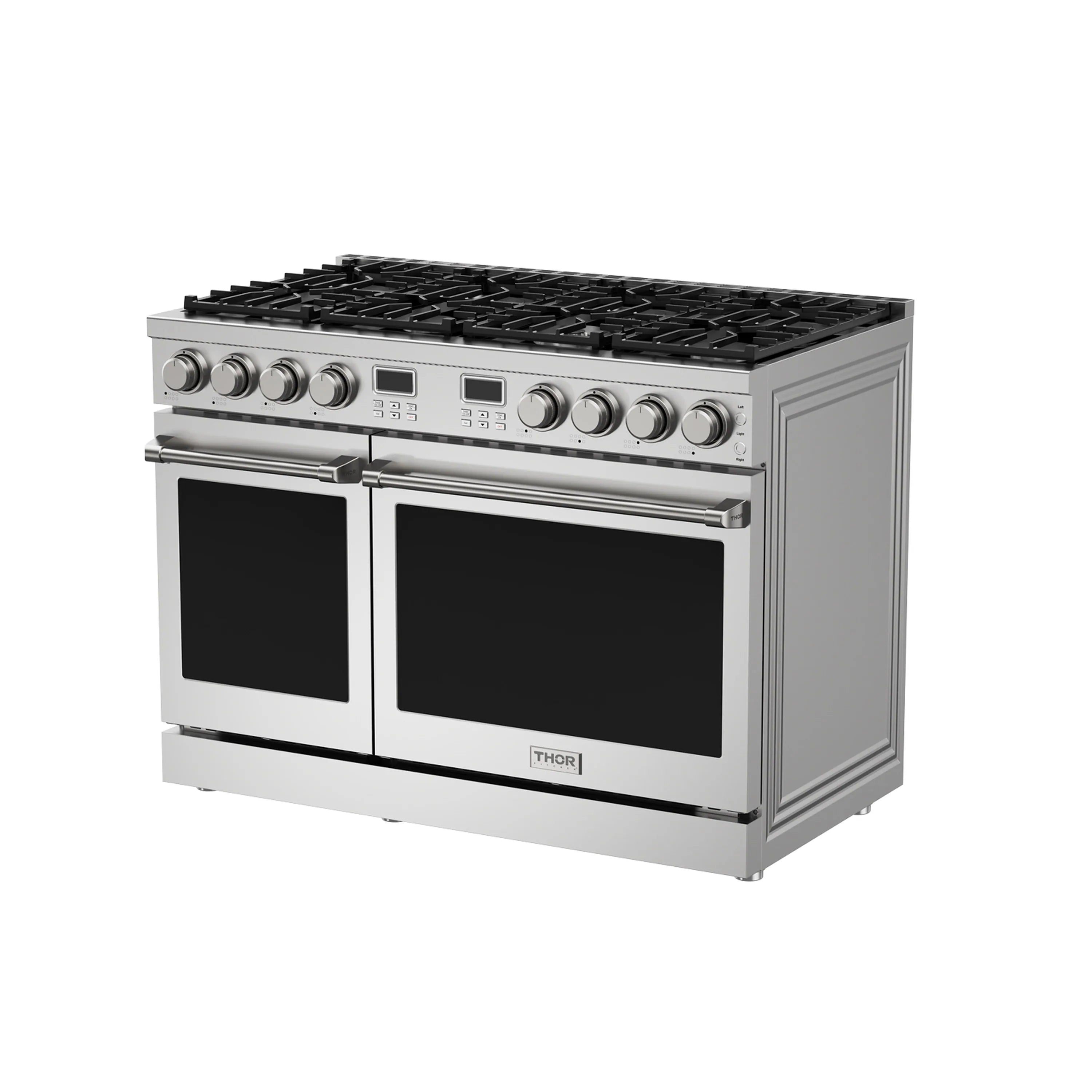 Thor stainless steel gas range with black glass oven doors and knob controls
