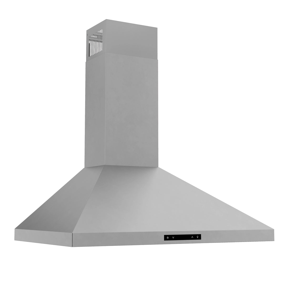 Stainless steel chimney range hood with vented chimney housing and control buttons