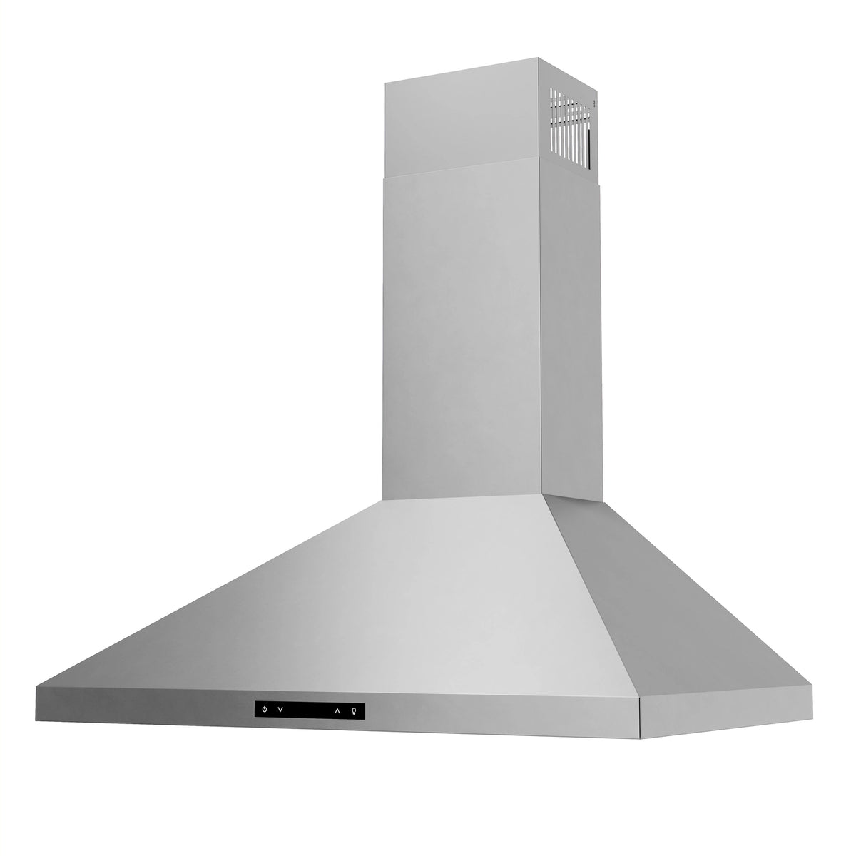 Stainless steel chimney range hood with flared canopy and vented chimney top
