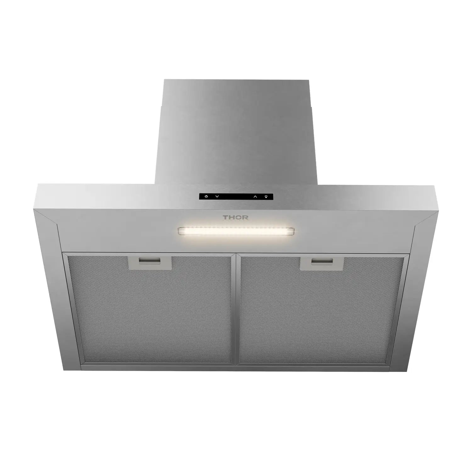 Stainless steel wall-mount range hood with two mesh filters and central LED lights